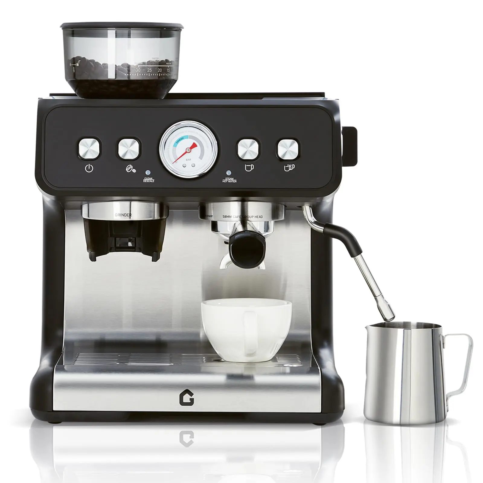 Espresso Machine with Built-In Grinder, 20 Bar Semi-Auto Coffee Maker, 58mm Portafilter, Stainless Steel, 30 Grind Settings, Steam Wand for Latte Cappuccino, Home Barista Kit