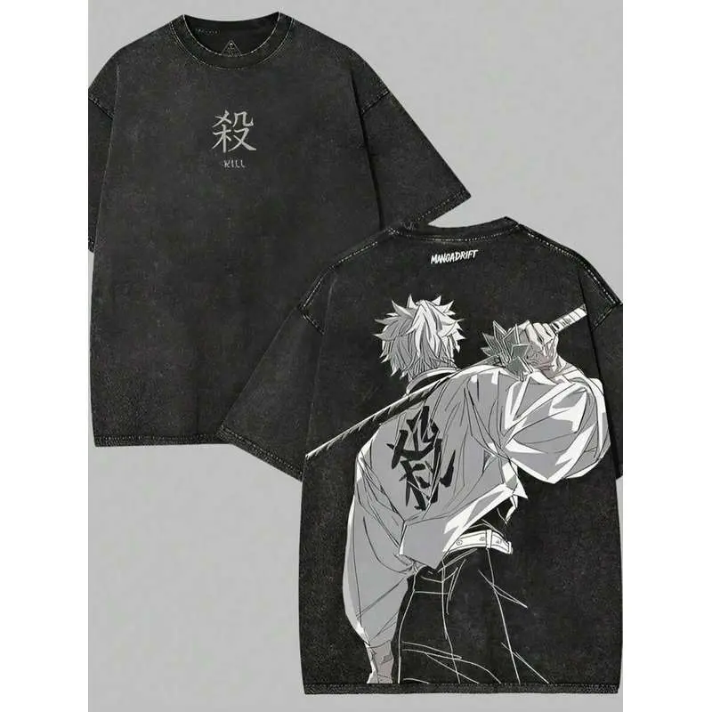 Mens Double Sided Retro Washed Sanemi Shinazugawa Anime Graphic T Shirt Oversized Loose Fit Heavyweight Cotton Short Sleeve Unisex Streetwear Hip Hop Casual Going Out Daily Party Otaku Style Tee Top Gift For Demon Slayer Anime Manga Fans