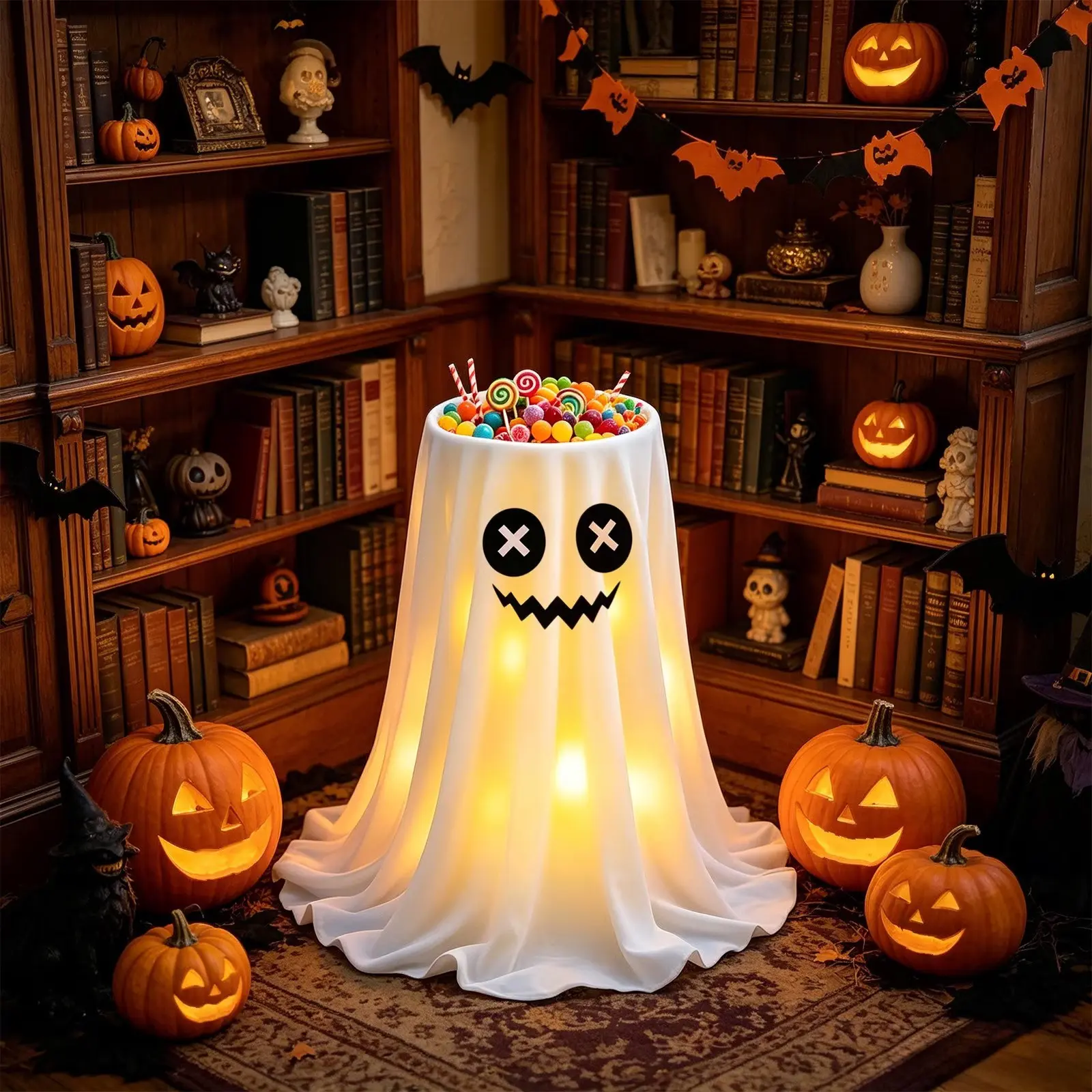 Glowing Ghost Set, Adjustable Height Candy Bowl Holder, Outdoor Halloween Decoration, Outdoor Party Decorations, Cute Trick-Or-Treat Candy Rack, Front Door Porch Decor, Led Light Up