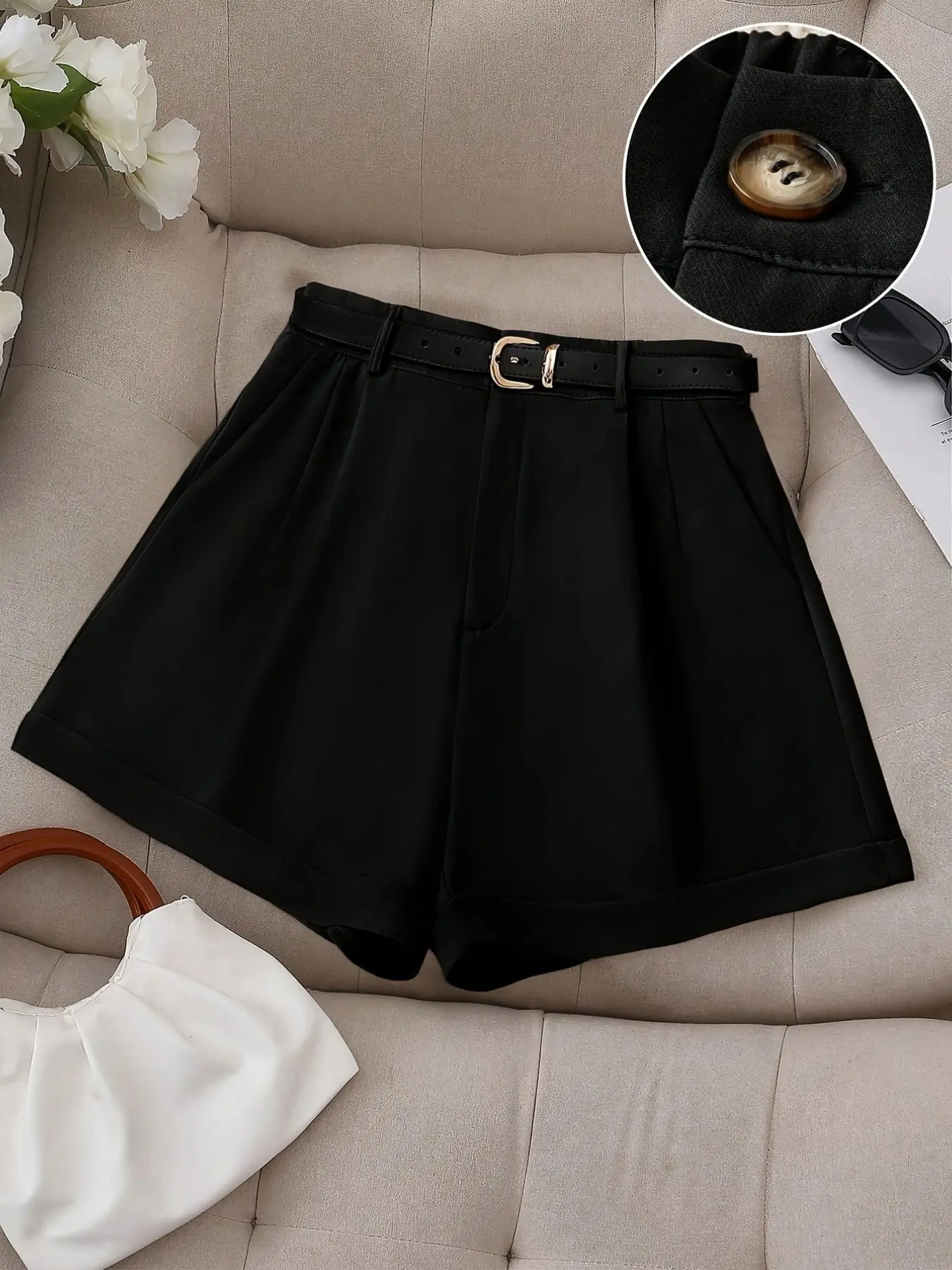 Women's High-Waisted Suit Shorts, Pleated Turn-Down Wide Leg Formal Shorts, Elegant Business Casual Wear, Comfortable & Stylish Design, Bottoms