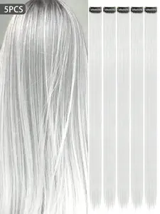 5pcs Synthetic Long Straight Clip-In Extension Hair, 20 Inches White Color Hair, Perfect Hair Extension for Women Used Daily ,Party,Cosplay,New Year, Carnival, Music Festival, Halloween, Christmas Party Gifts