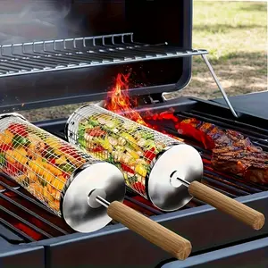 3Pcs stainless steel BBQ grill basket set with wooden handle & hook, portable heavy-duty grill mesh,hook&fork,even heating for gas grill,camping backyard barbecue