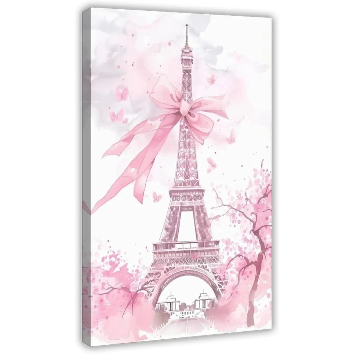 Pink Bow Eiffel Tower Canvas Poster Wall Artwork - Frame-Style Photo Prints for Bedroom, Living Room Home Decor Aesthetic Murals