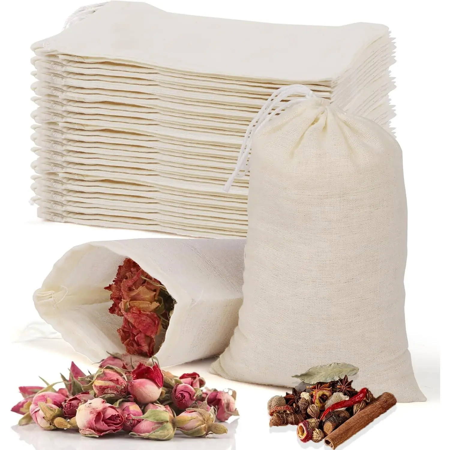 60 Pcs Empty Spice Bags for Cooking Soup, 3x4 In Natural Muslin Drawstring Bag, Reusable Tea Bags for Loose Tea, Small Cheese Cloth Cotton Bag for Straining, Unbleached Cheesecloth Herb Sachet Bag