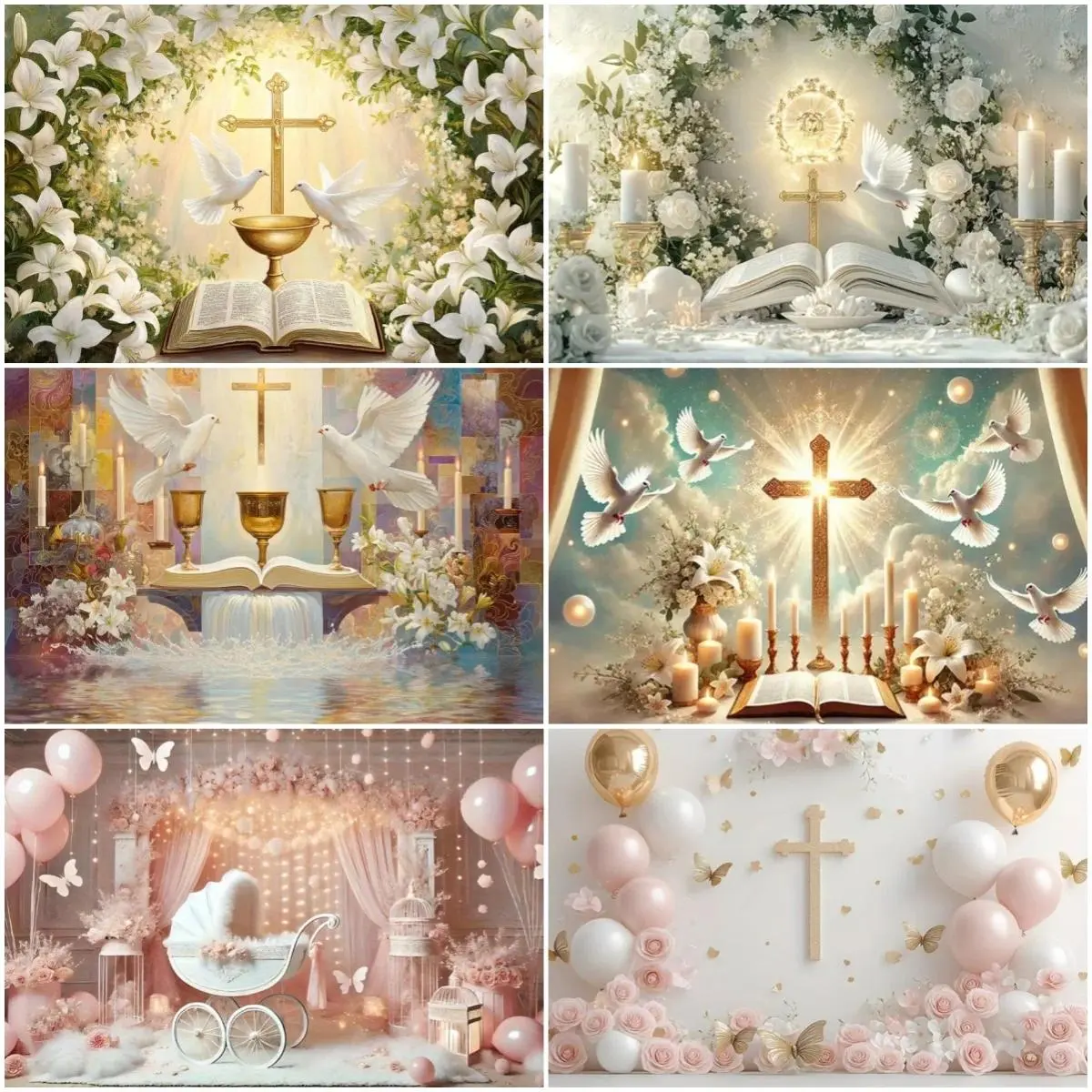 Ceremony Decorative Wrinkle-Resistant Figure Backdrop with Gold Cross & Flowers, All-Seasons Photography Prop for First Holy Communion & Baptism Party Supplies