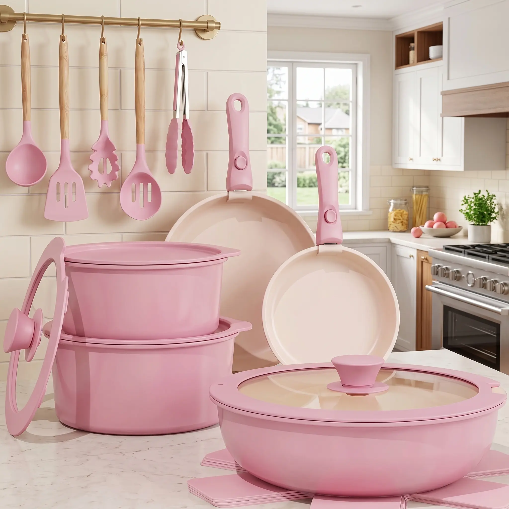 19PCS Pink Non-Stick Bundle Cookware Set - Multi-Size Round Pans, Detachable Handles, Oven-Safe Woks, Kitchen Accessories, Piece Cookware Sets for Home Cooking, Camping