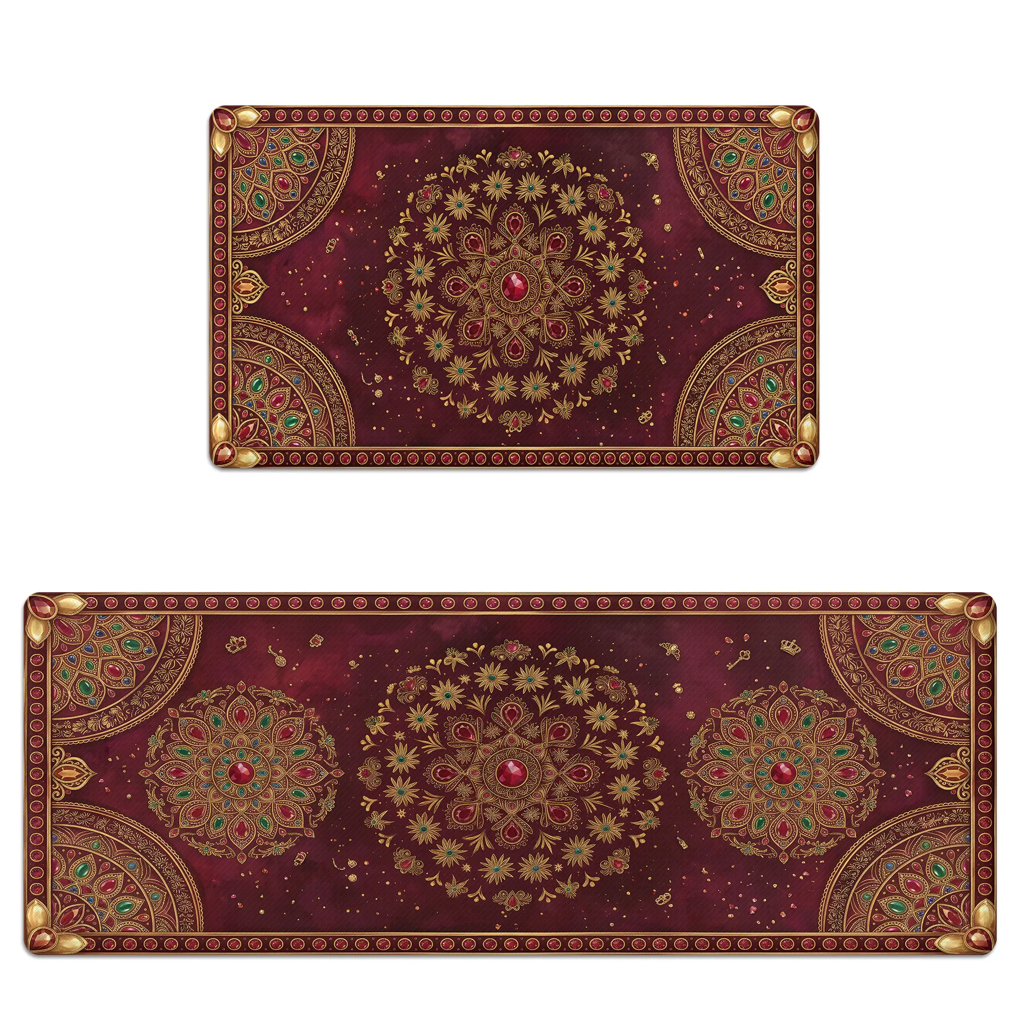 Kitchen Mat Kitchen Rug Anti-Fatigue Cushioned Memory Foam Non-Slip Scratch-Resistant & Waterproof Bohemian Mandala Red Gold For Kitchen Floor