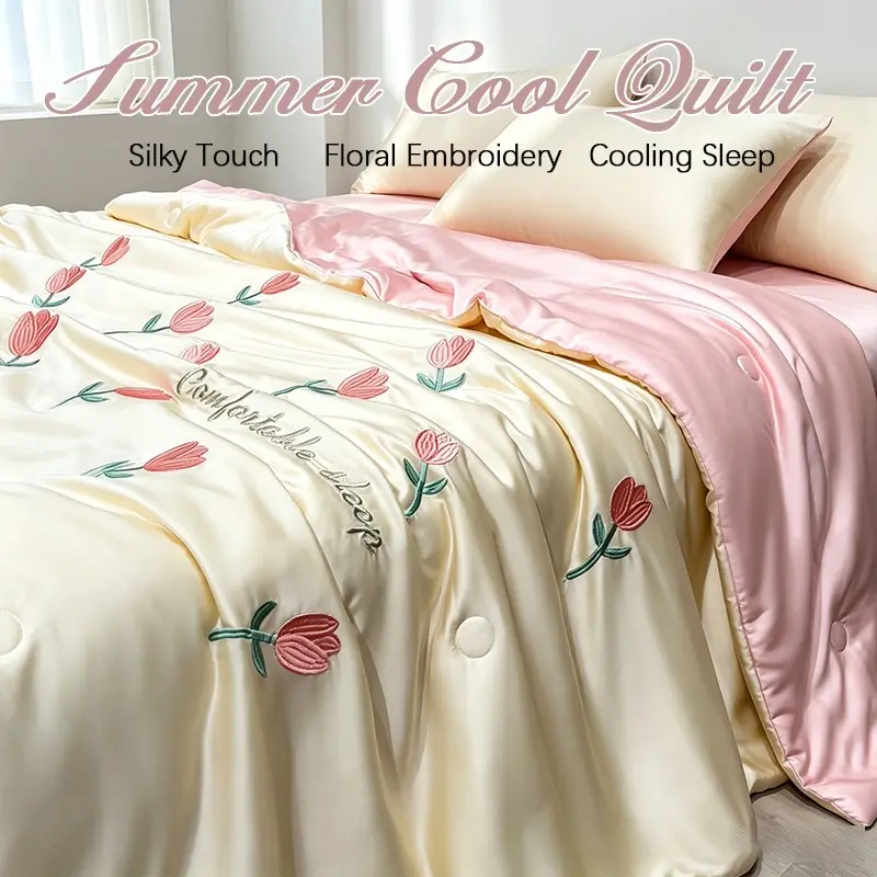 Embroidered Cool Touch Summer Blanket, Silky Blanket 1 Pack, Ice Silk Breathable Sweat Resistant Air Condition Comforter, Soft Fabric for Naked Sleep, Multiple Sizes & Color Options, Suitable for Bedroom, Office & Car Interior
