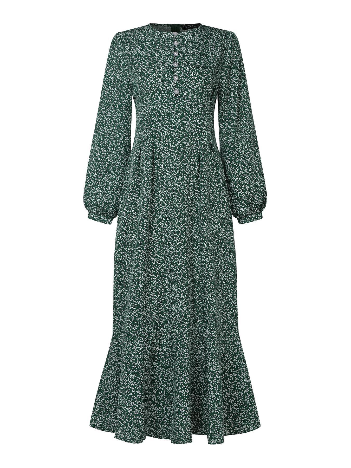 Women's Ditsy Floral Print Button Front Bishop Sleeve Ruffle Hem Flowy Long Dress, Casual Islamic Modest Style Clothing Modesty Wear Muslim Dress for Daily Wear Long Sleeve Dresses