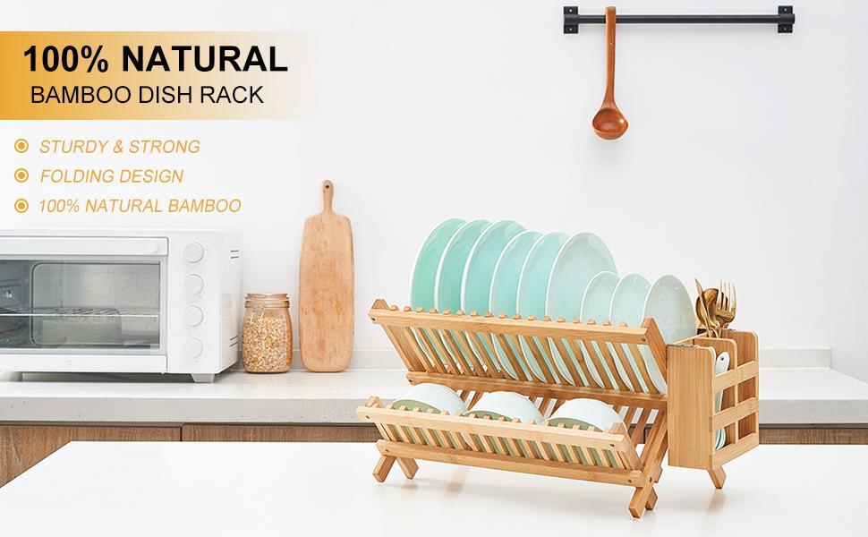 AGS Bamboo Dish Drying Rack, 2 Tier Collapsible Dish Rack with Utensil Holder, Wooden Dish Drying Rack for Kitchen Counter, Large Folding Drying Holder, Dish Drainer 34 pcs Grid