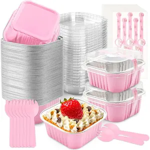 50 count Mini Cake Pans with  and Spoons  Foil Mini Square Baking Cups with  Disposable Ramekins Cake Pans Dessert Cups for Wedding(,5oz)