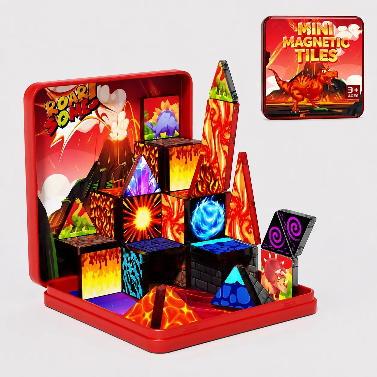 36PCS Dinosaur Volcano Magnetic Tiles Interlocking Building Block Building Blocks Set STEM Learning Toy for Kids Portable Storage Tin Box 3D Construction Educational Toy Sensory Learning Gift for Boys Girls Ages 3+