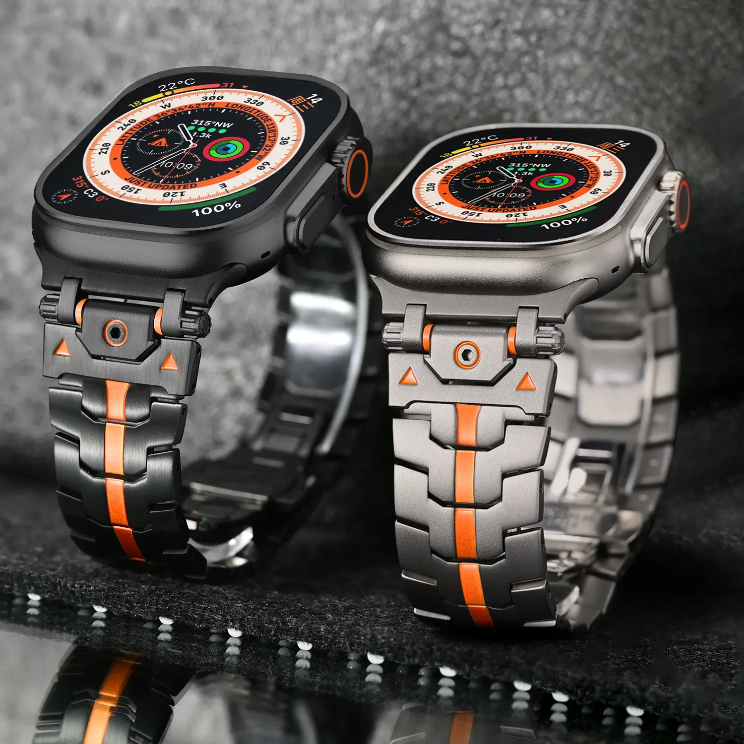 Rugged Tactical Watch Band for Men, Heavy Duty Stainless Steel with Orange Accents, Scratch Resistant & Adjustable Size, Outdoor, Armor Stripes, Tactical Look