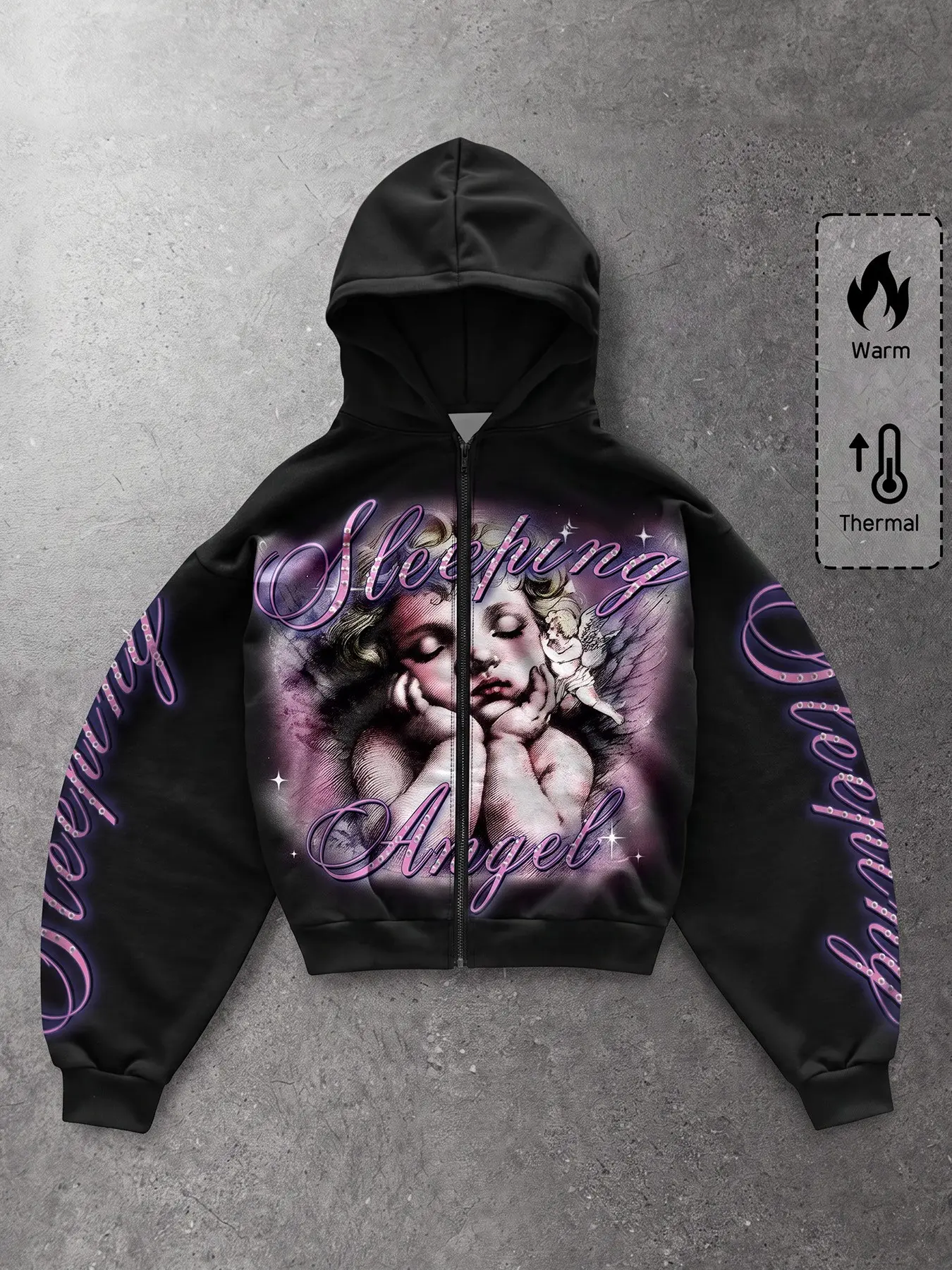 Y2K Sleeping Angel Graphic Cropped Zip‑Up Hoodie, American Street Sweet‑Cool Rhinestone‑Effect Script Letter Zip Hooded Jacket, Loose Drop Shoulder Unisex Cropped Top, Street Y2K Couple Outfit, Music Festival Wear, Winter Warm Hoodie, Holiday Birthday Gif