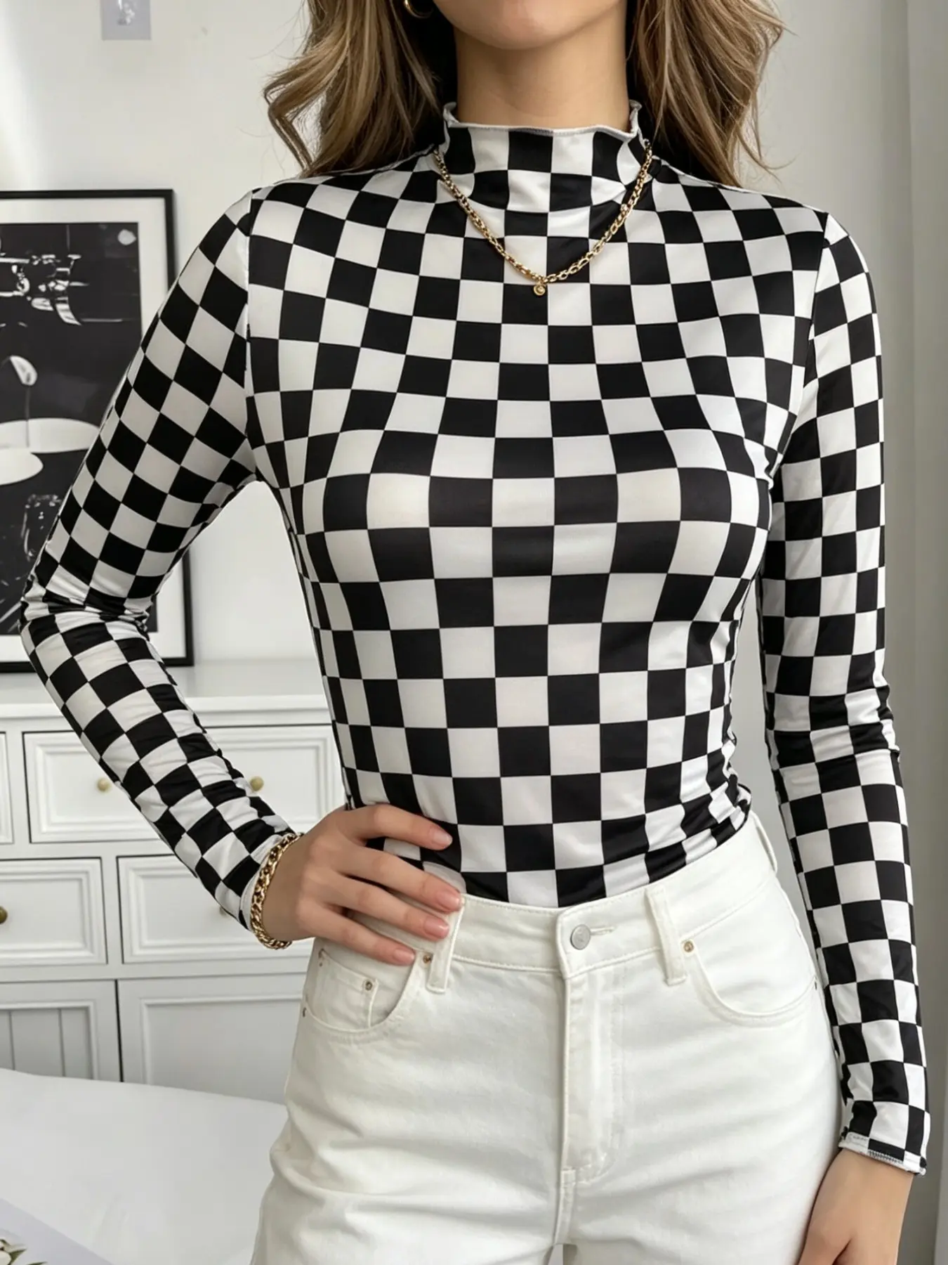 Plaid Half High Neck Long Sleeve T-Shirt, Stretch Fitted Slim Fit Inner Top, Women's Daily Commute Slimming Underwear Shirt