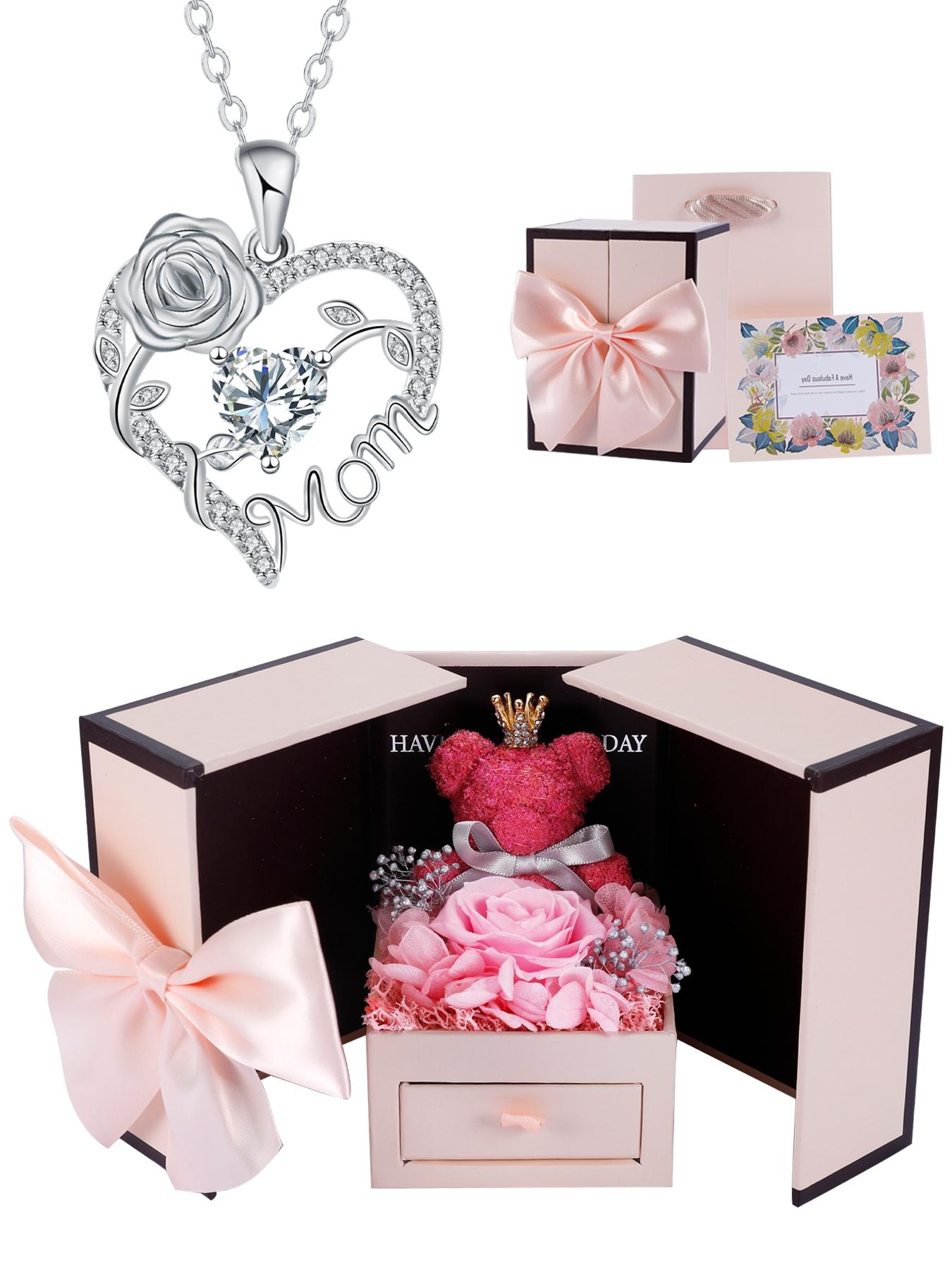 Rose Heart Mom Birthstone Necklace With Bear Rose Jewelry Gift Box, Exquisite Jewelry Gift, I Love You Mom Necklace, Mother's Day Christmas Gifts Jewelry for Grandmother Women Wife,Gifts For Women