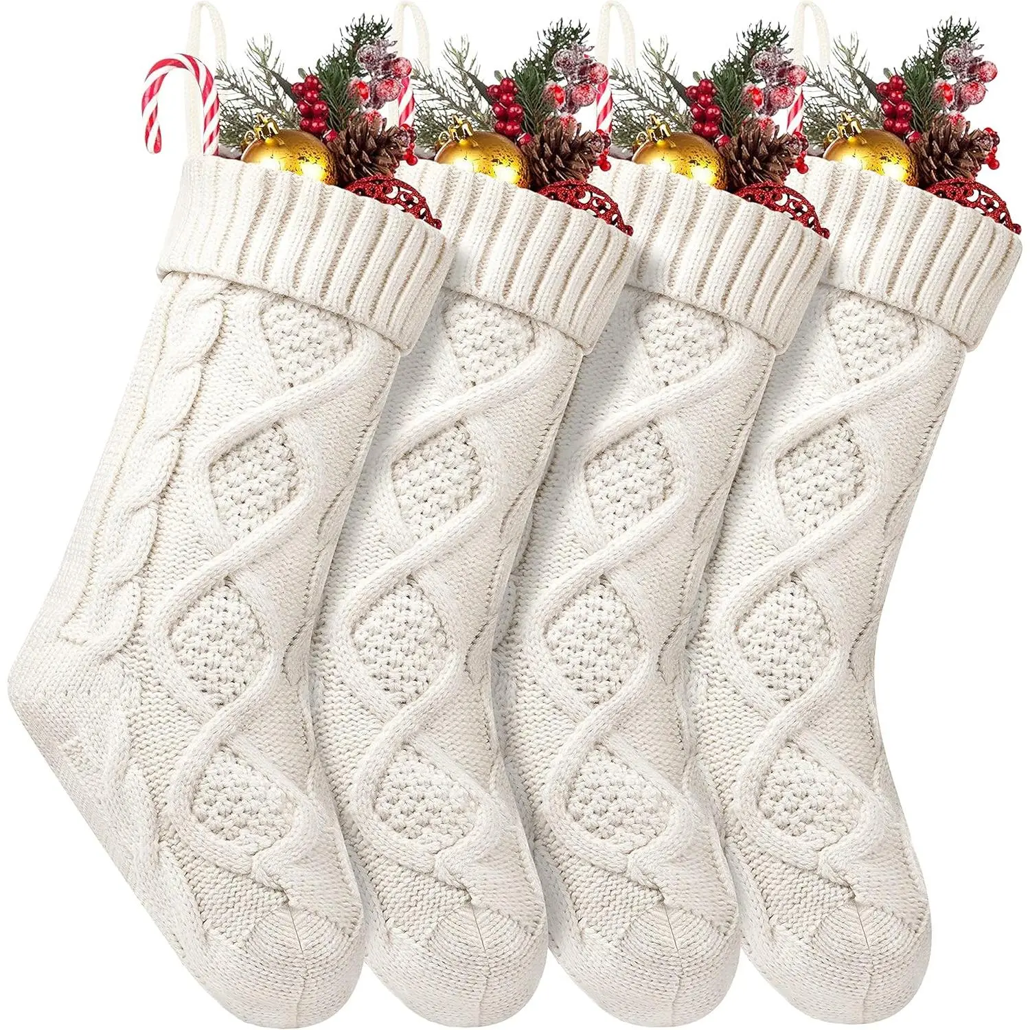 4 Pack 18 Inches Large Size Cable Knitted Christmas Stockings Gifts & Decorations for Family Holiday Xmas Party, Ivory White