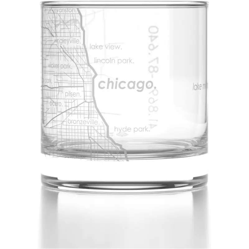 Engraved Chicago Illinois Map Rocks Glass, Old Fashioned Glassware (11 oz, Clear) Etched Bourbon Tumbler, Gifts For Whiskey Lovers