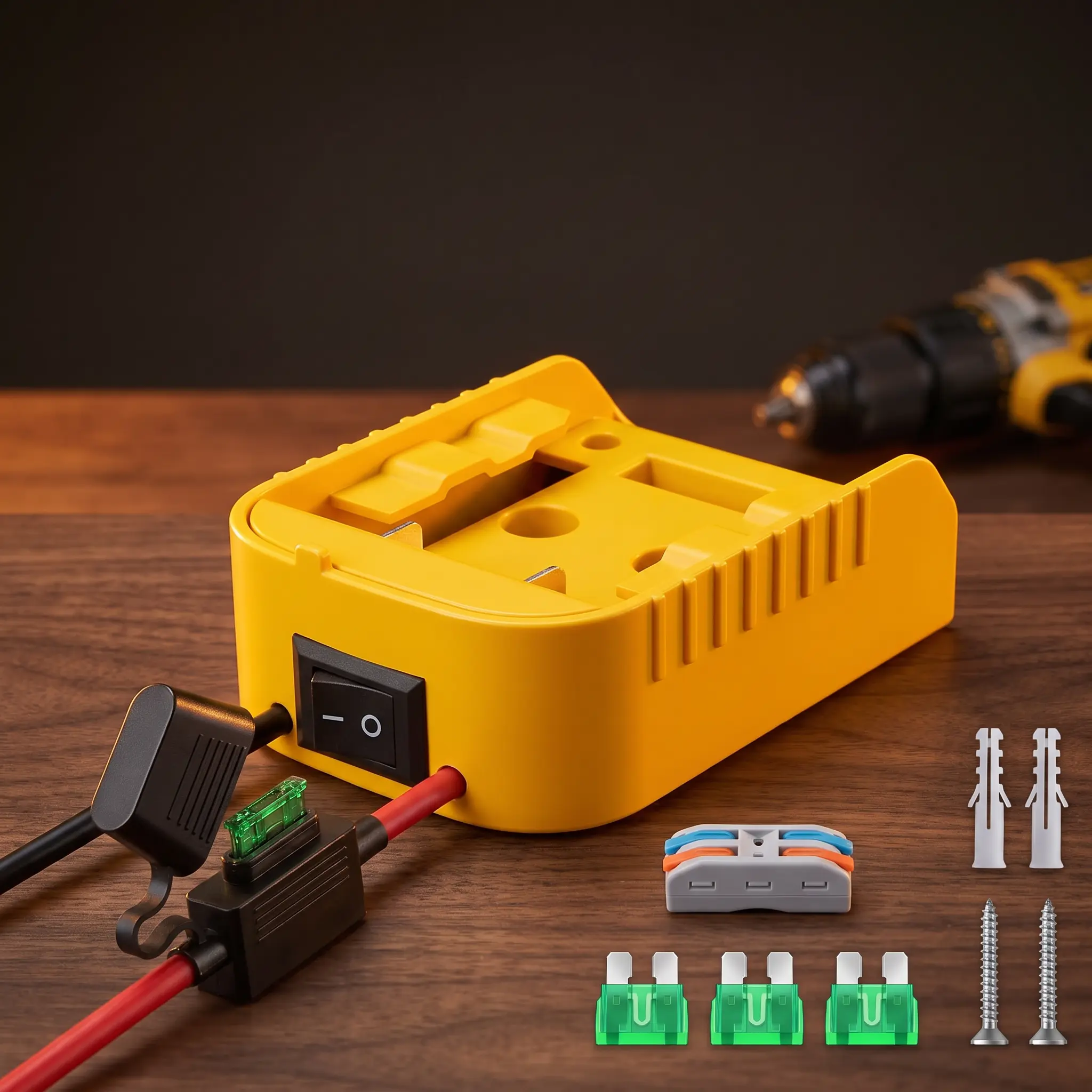 Dewalt 20V Lithium Battery Adapter Kit - 20A Output, ABS Anti-Scratch, 12 AWG Wire, Switch, Fuse, Fuse Cap, Wire Terminals, Locking Battery Hold, 30A Overload Guard - Compatible with 18V Devices, Power Wheels - For DIY Projects, Indoor Outdoor Use, Batter