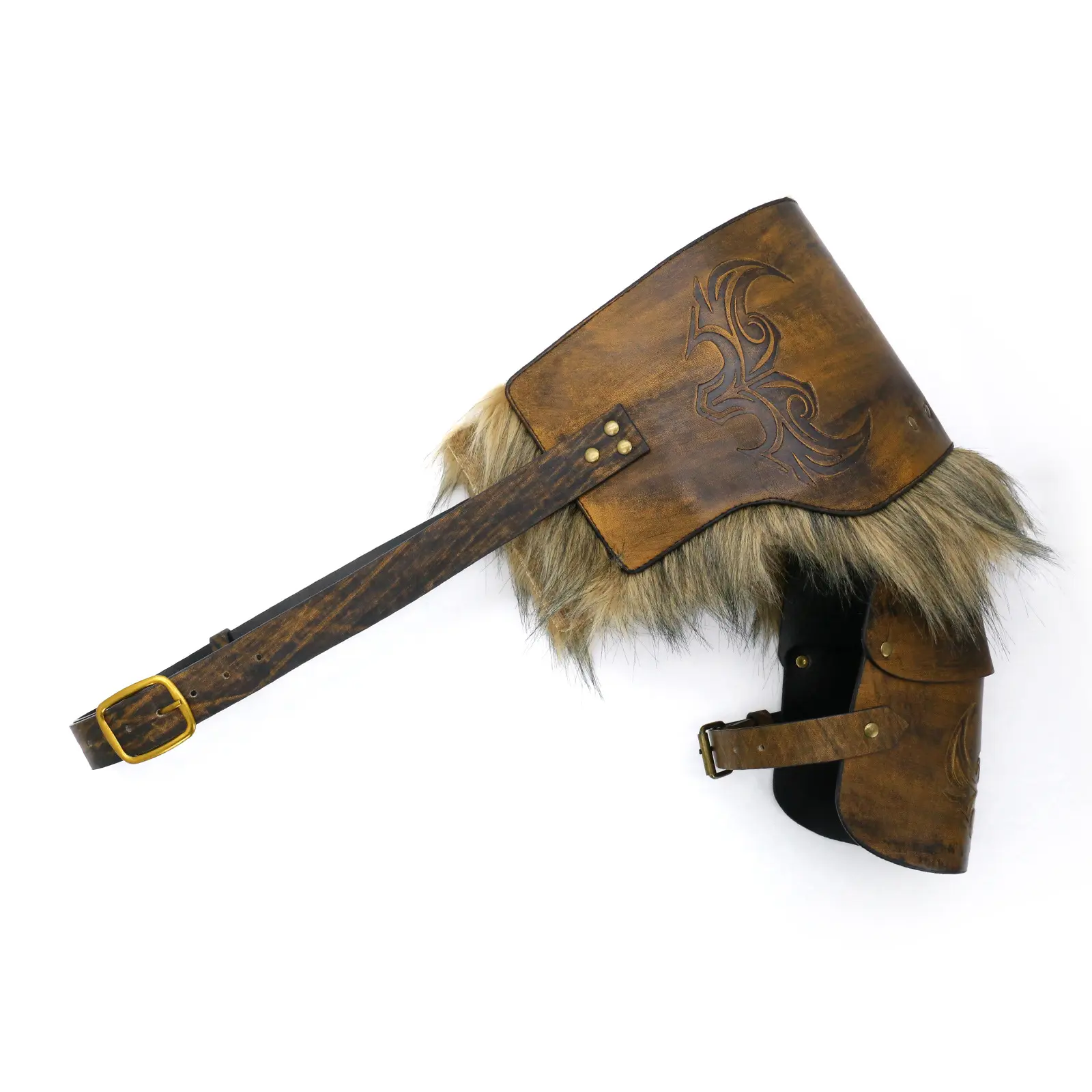 Adjustable Universal Medieval Viking Single Shoulder Pauldron Armor - Embossed Art Faux Fur Trim Leather Harness, Nordic Rune Barbarian Knight Cosplay Accessory for LARP Renaissance Faire Men's Women's Halloween Costume Gear