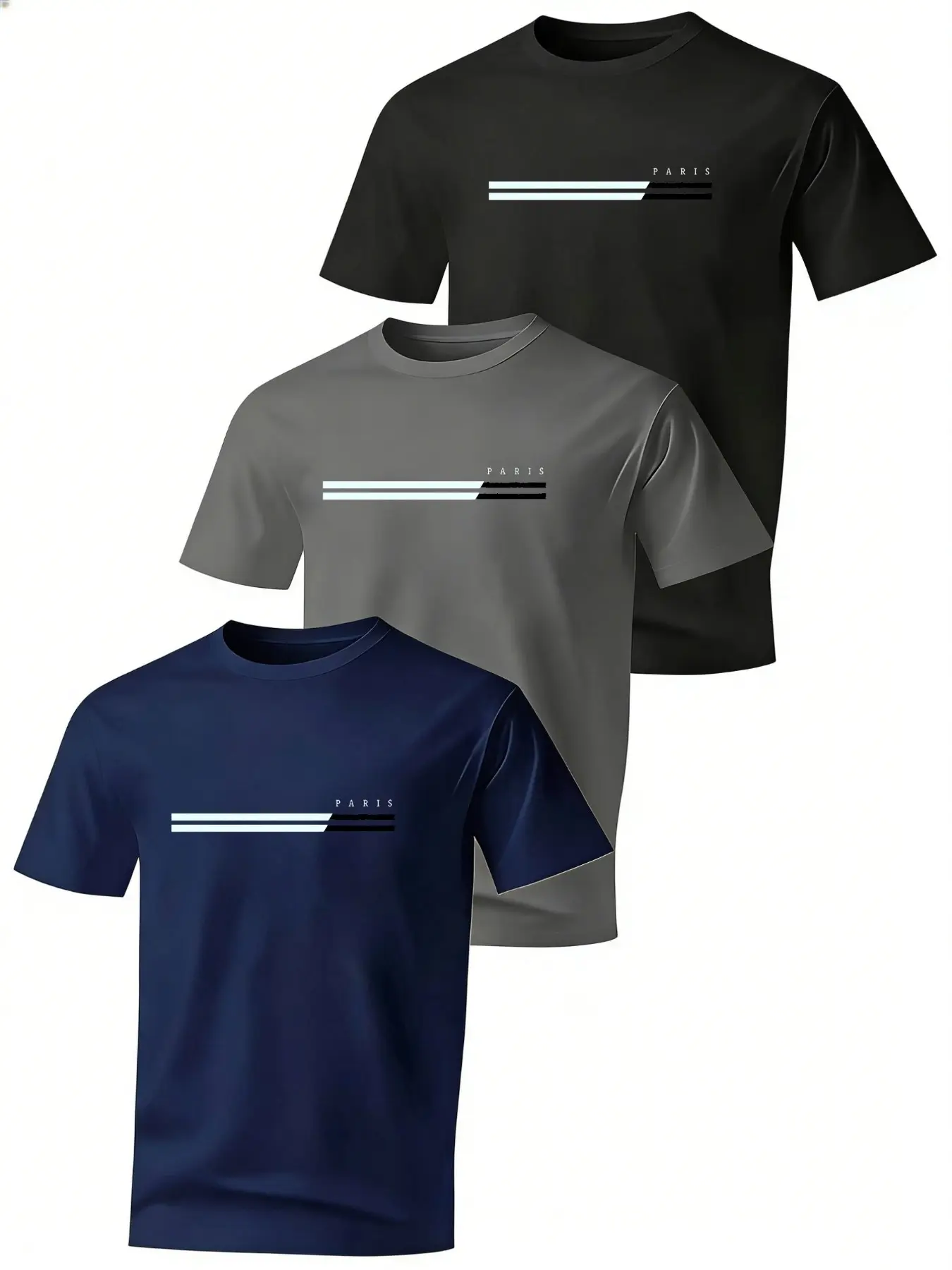 3-Pack Paris Striped Print Short Sleeve T-Shirts, Menswear Men's Round Neck Casual Tops, French Minimalist Style, Quick-Dry Sports Wear, Multiple Colors