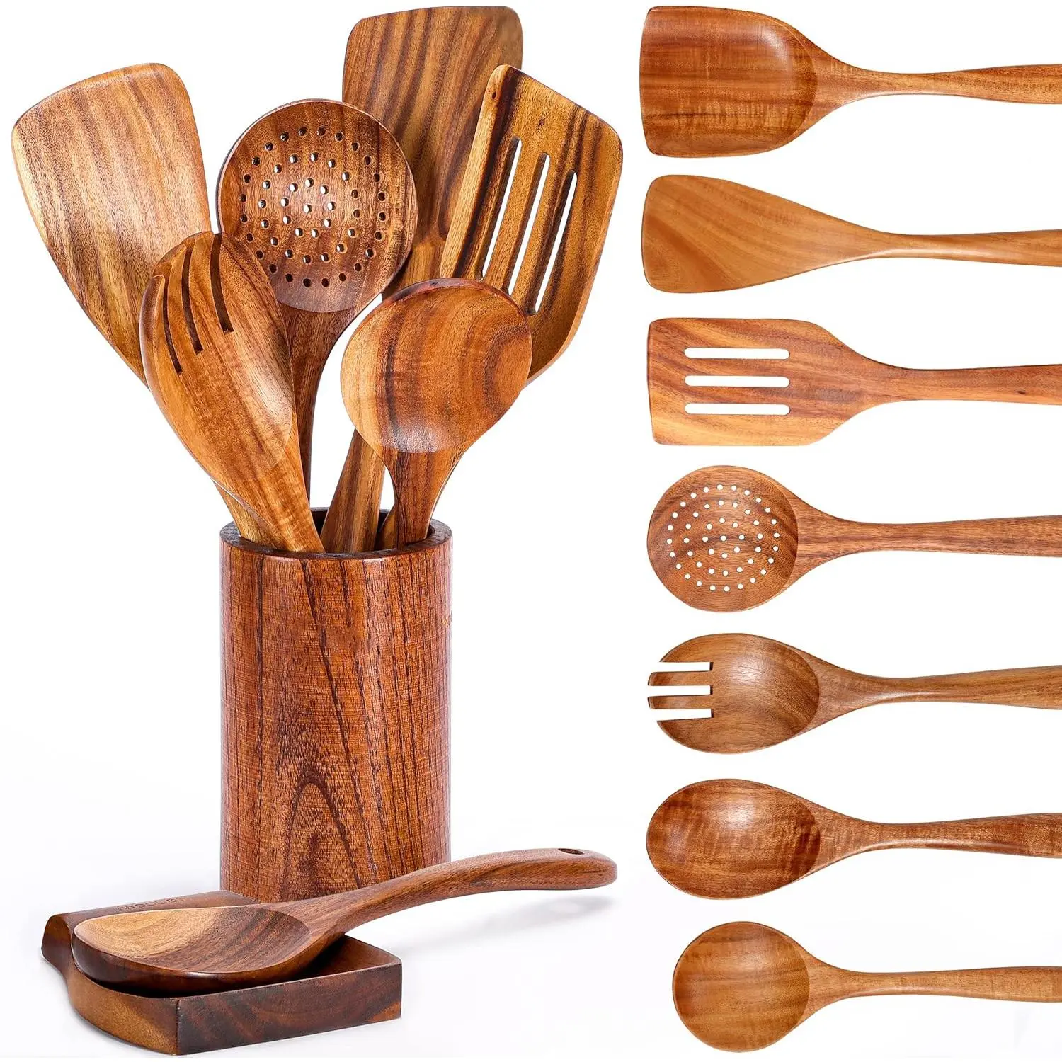 9PCS Natural Teakwood Kitchen Utensil Set With Spoon Rest, Soft-Grip Wooden Cooking Spoons & Tools, Non-Scratch Utensils For Non-Stick Cookware, Home Kitchen Use, Kitchen Cooking Accessories, Kitchen Supplies