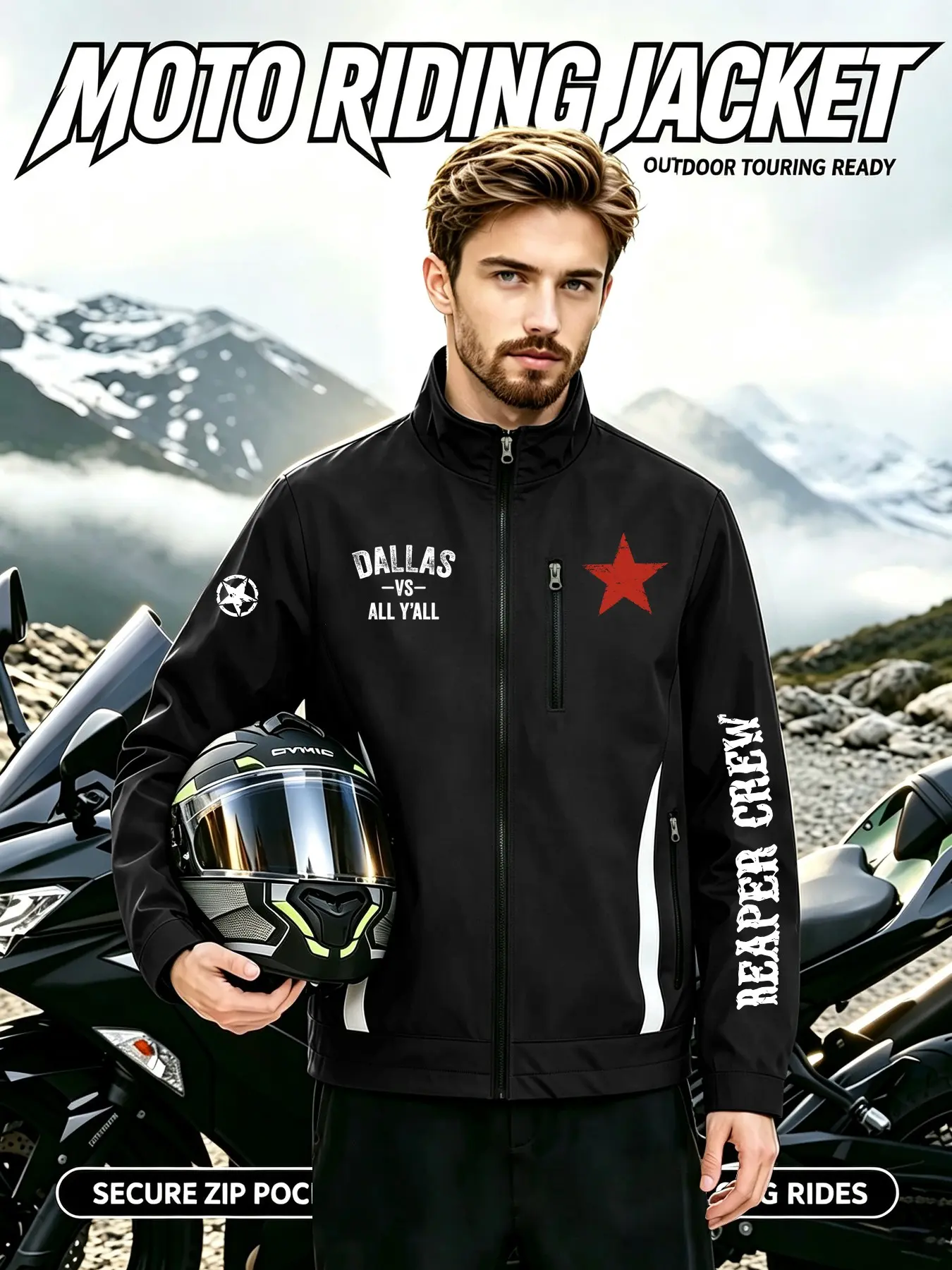 Vintage Dallas Letter Star Death Knight Motorcycle Jacket, Men's Patchwork Hoodie, Zipper Design, Outdoor Sports Essential
