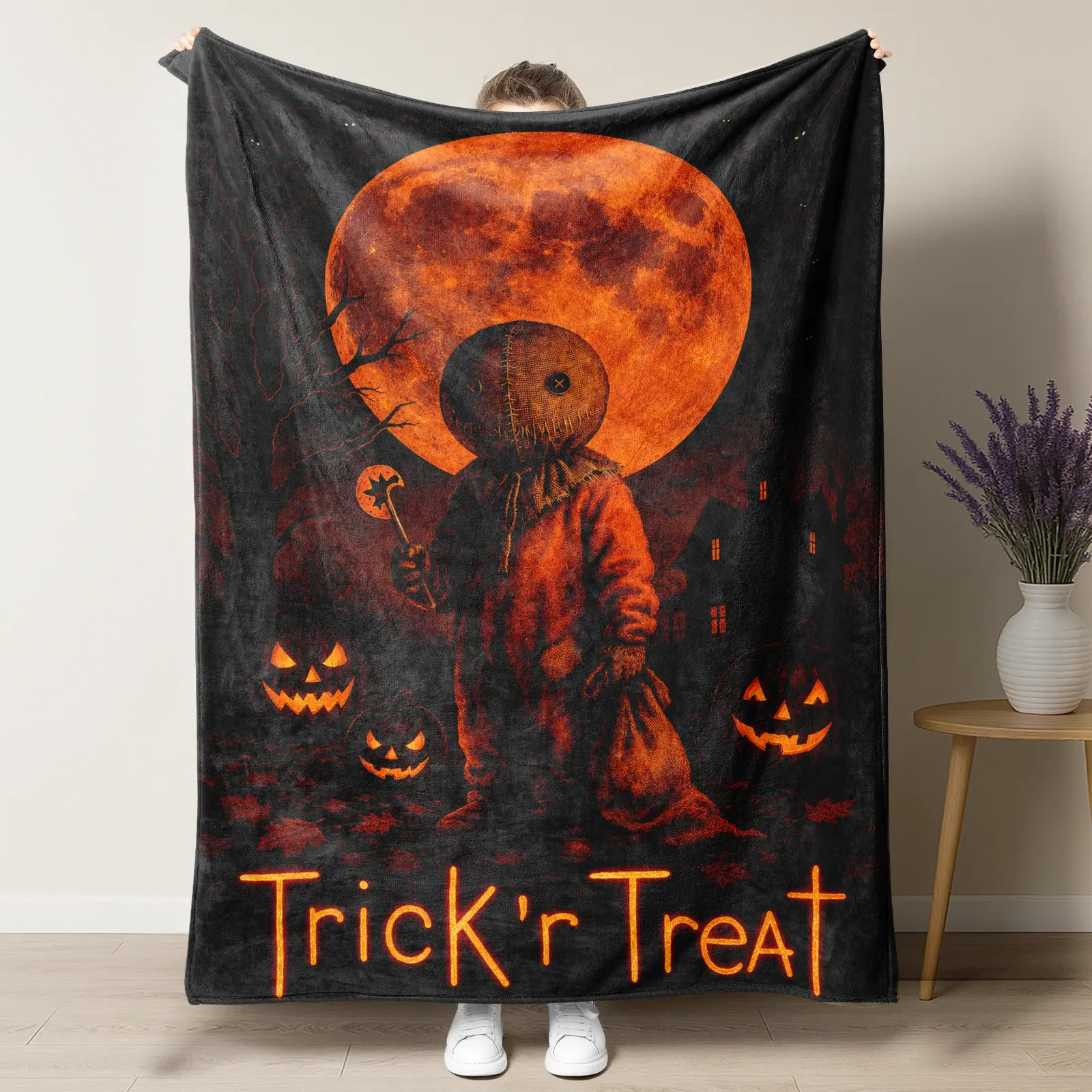 Spooky Trick 'r Treat Sam Flannel Throw, Bedazzled Blanket Featuring Halloween Scarecrow, Giant Orange Moon, Jack O Lanterns And Haunted House Print, Cover For Horror Halloween Room Decor