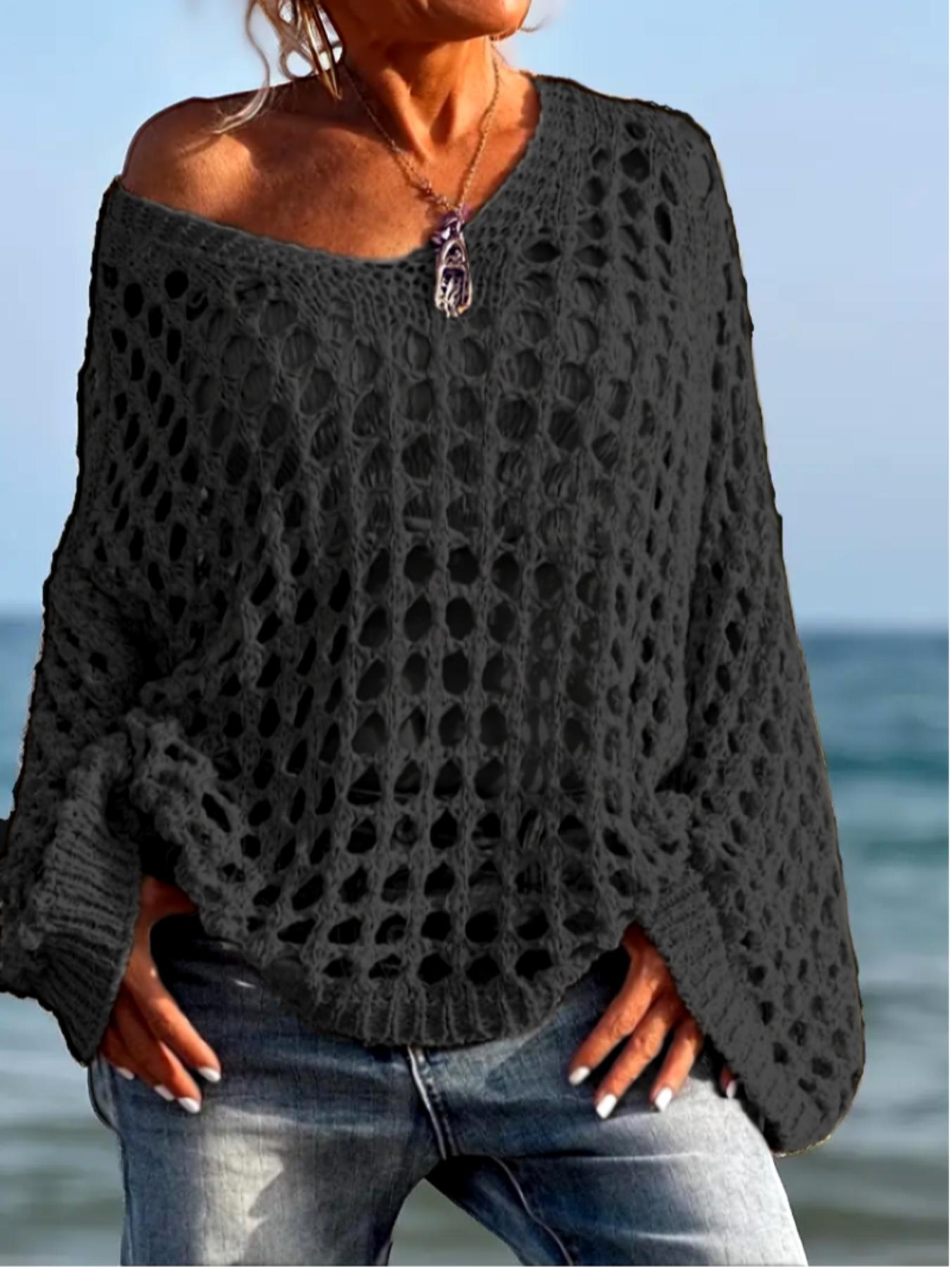 Women's Casual Everyday Loose-Fit V Neck Top, Hollow Out Design, Polyester Knit Fabric, Hand Washable, All Season Wear, Knitwear, Summer