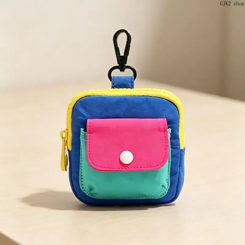 Cute Patchwork Mini Pouch - Compact Earbud & Coin Storage Bag with Carabiner Hook, Double Snap Pockets for Travel Daily Use, Waterproof Fabric