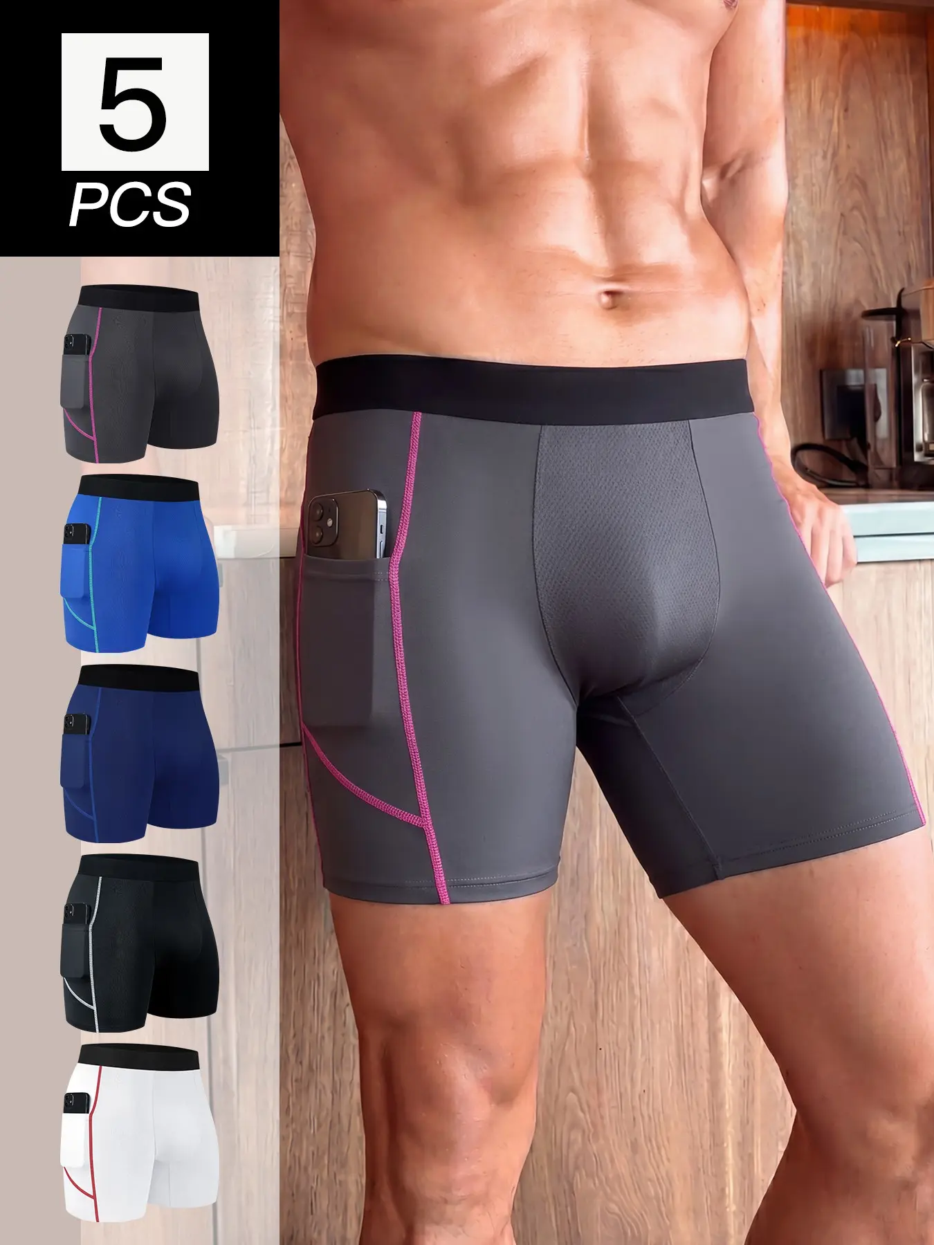 5 PCS/Pack Men's Long Leg Boxer Briefs with Side Phone Pocket, Quick Dry Breathable Mesh Athletic Sports Underwear, No Ride Up Anti Chafing 4-Way Stretch Performance Boxer Briefs for Gym Running Cycling