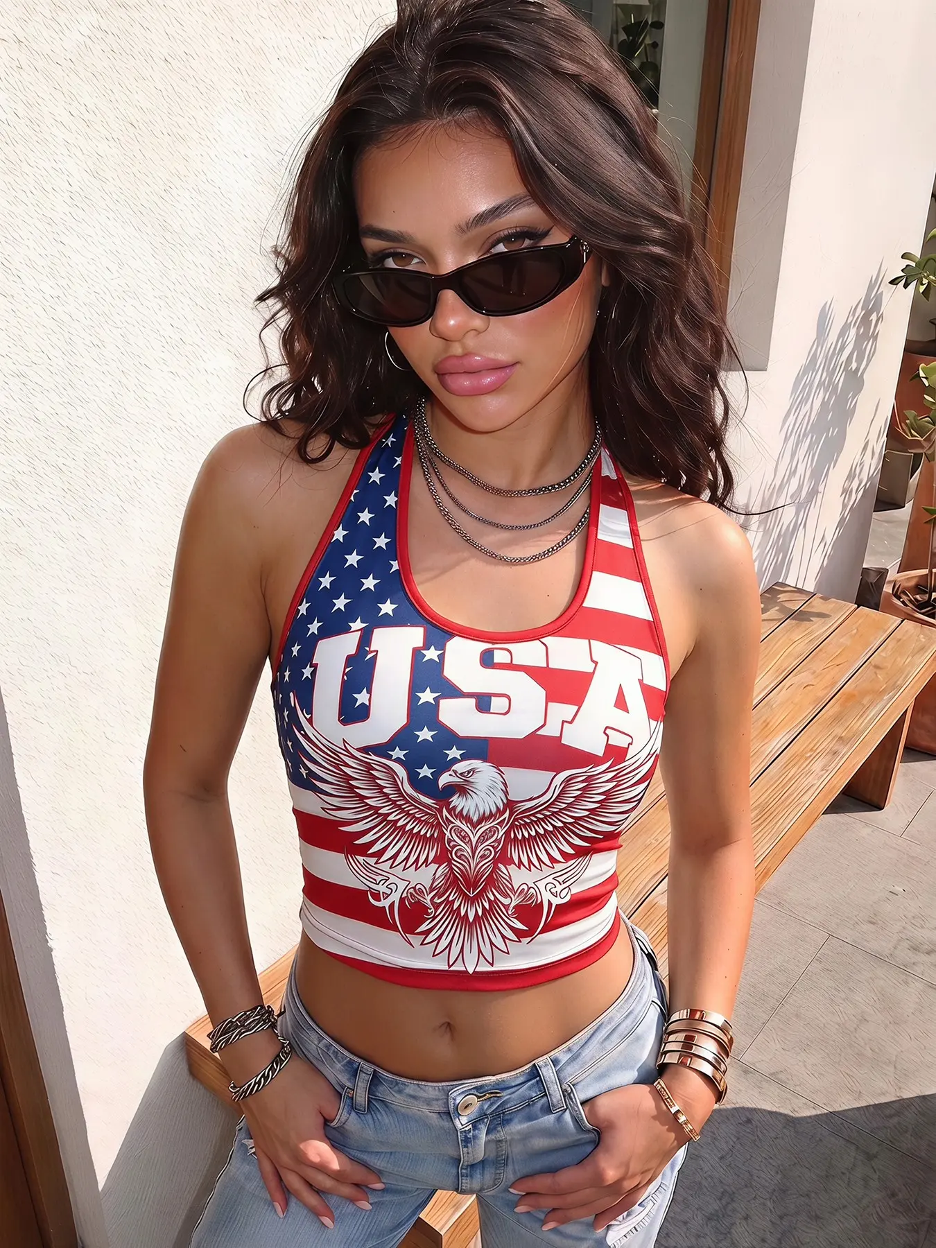 Soft Stretch Spandex Patriotic USA Eagle Flag Graphic Halter Neck Slim Crop Tank Top Women Y2K Hot Girl Summer Streetwear BBQ Parade Fireworks 4th of July Sleeveless Festival Club Cami Crop Top Trendy Bodycon Casual Beach Daily Going Out Party Outfit