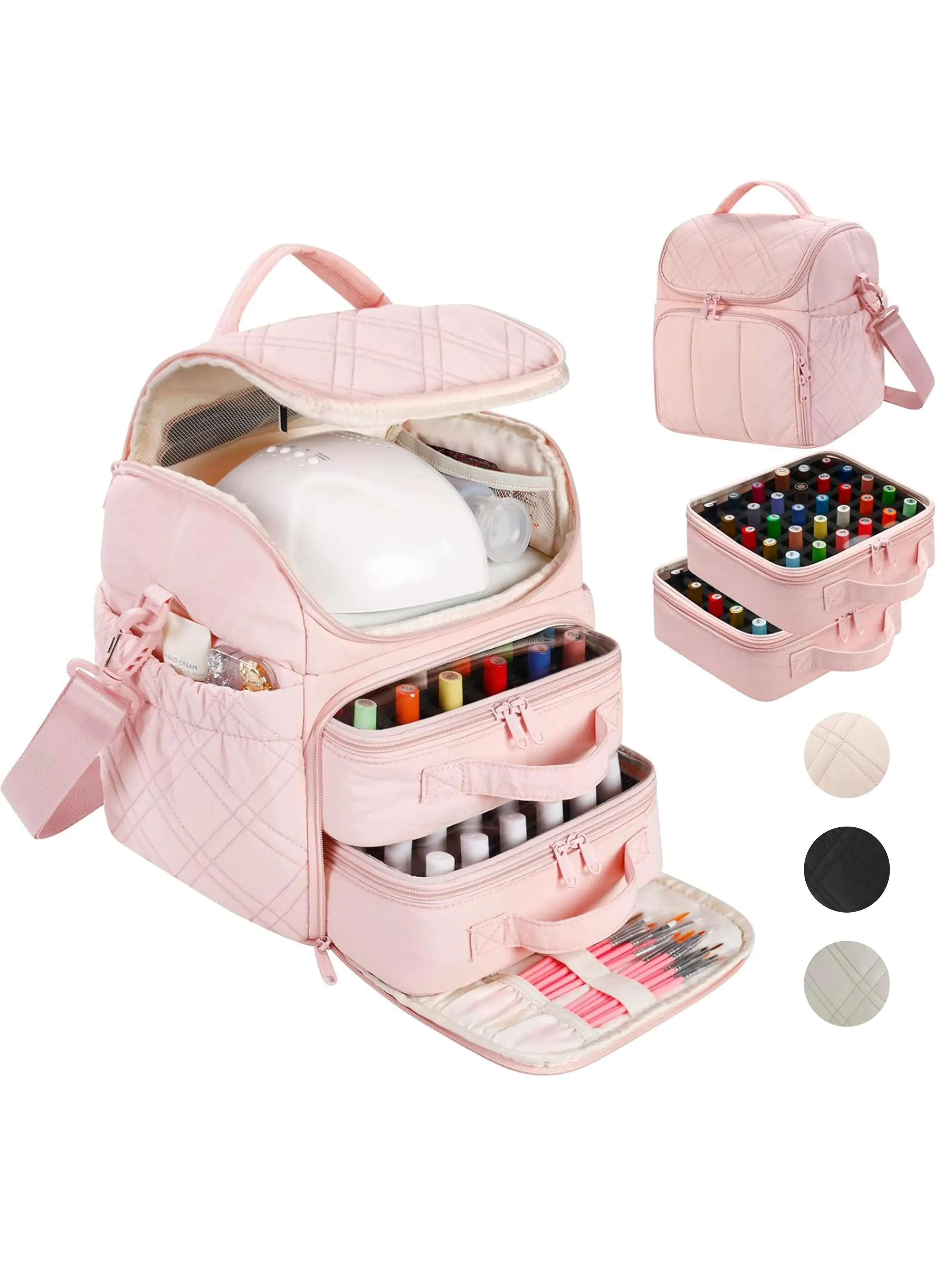 Nail Polish Organizer with 2 Detachable Cases Hold 60 Bottles & Nail Lamp, Portable Nail Organizers and Storage with Handle & Shoulder Strap, Travel Nail Bag for Manicure Tools