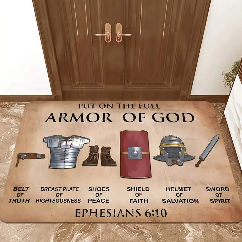1pc flannel-material door mat, flannel rectangular entrance mat suitable for machine washing, door mat featuring Ephesians 6:10’s design of "God’s complete equipment" – Christian motivational rug, suitable for indoor and outdoor use.