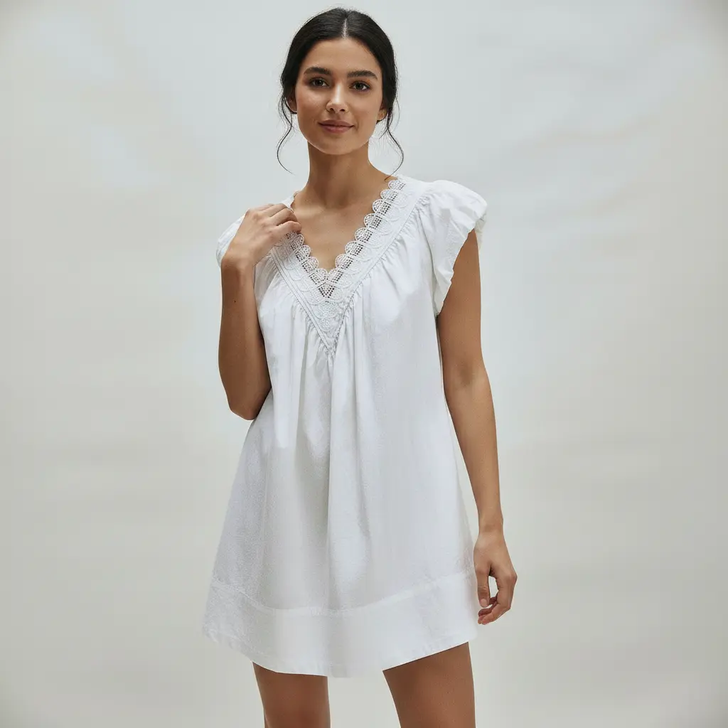 Women V Neck Scalloped Lace Trim Mini Dress, Puff Cap Sleeve Loose Flowy Tunic Dress, Casual Summer Beach Swing Short Dress