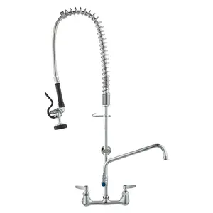 VEVOR Wall-Mounted Brass Kitchen Faucet, 36" Tall, 8" Installation Width, Includes 12" Rotating Spout and Pull-Down Sprayer, Suitable for Single, Double, or Triple Sinks