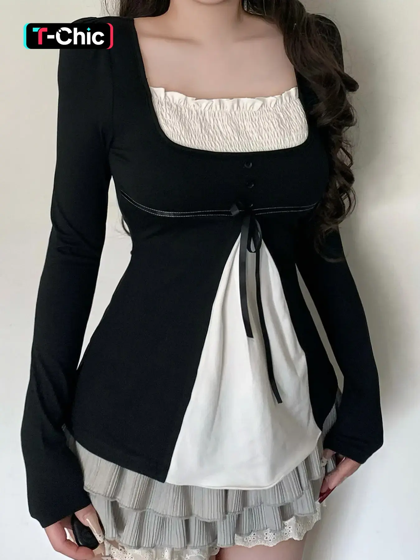 Y2K Sweet Square Neck Patchwork Slim Fit Long Sleeve T-Shirt, Womenswear, Casual Classy Elegant Fashion, Girls College Style Bow Tie Button A-Line Doll Wind Top, Babydoll Shirts, Euphoria High School Outfit