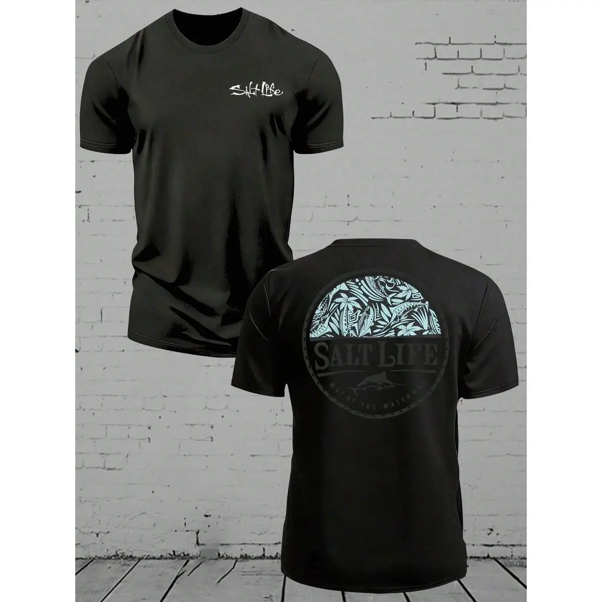 220g 100% cotton Salt Life Marlin men's tee, Polynesian-style print, crew neck, short sleeve, all-season pure cotton, unisex, ideal for water sports, beach days & casual wear.
