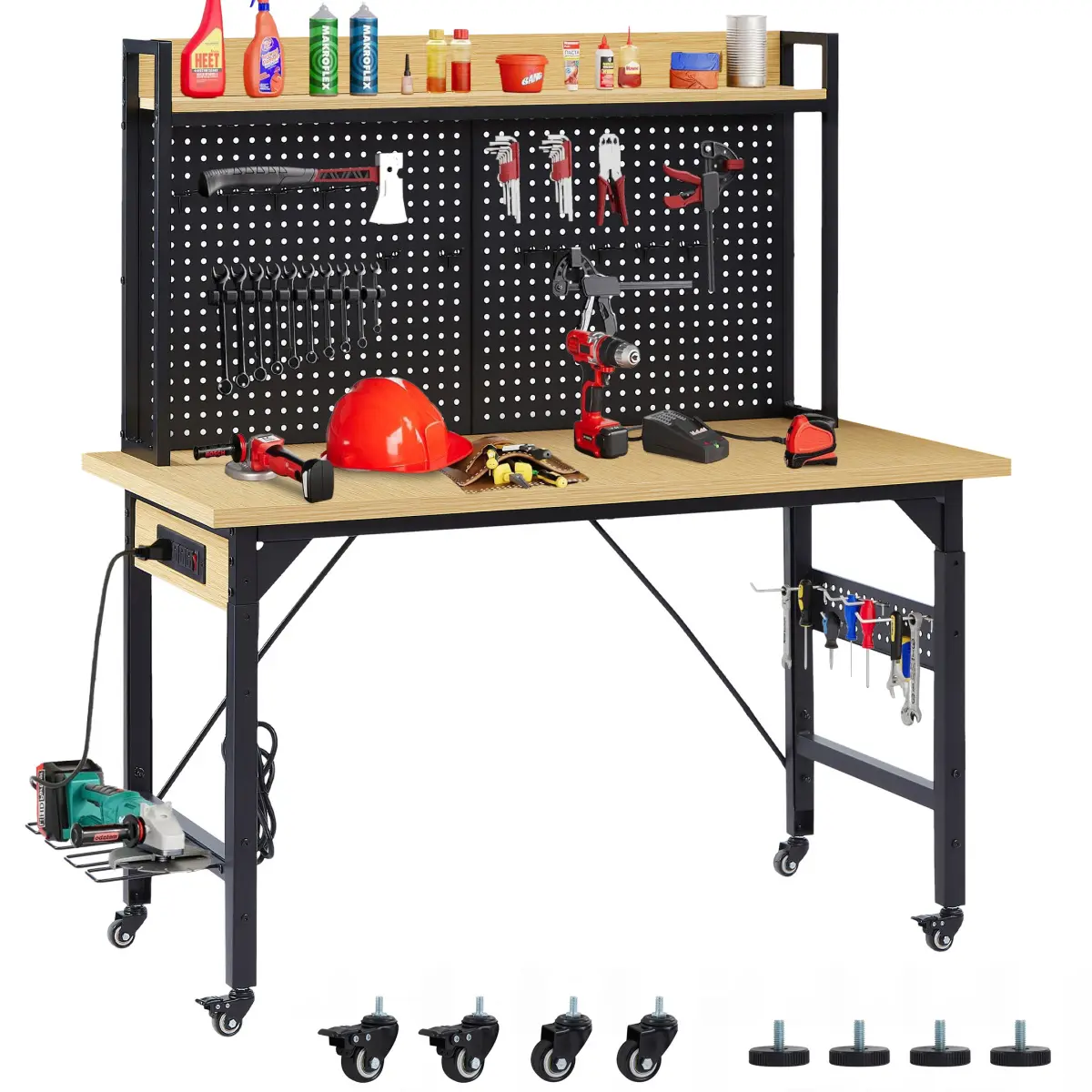 Aobtkel48''Adjustable Workbench with pegboard, Heavy Duty Wooden Desktop Workbench with Wheels, 1600 lb. Load Capacity, Rolling Workbench with AC/USB Outlet, Hooks, Shelf, for Garage, Workshop, Office, Home.