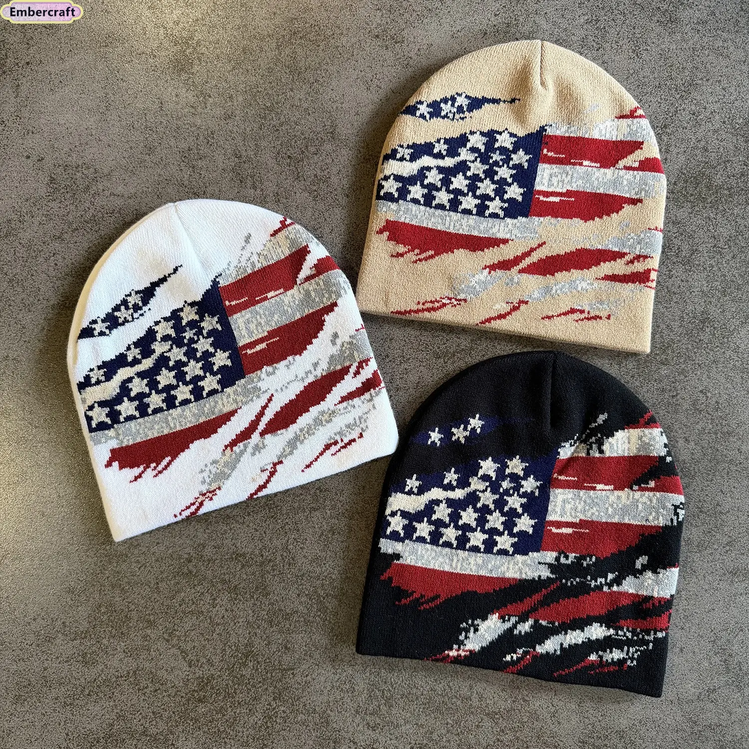 Vintage American Flag Beanie Hat, Unisex Jacquard Knitted Fabric Skull Cap with Cuffed Edge, Warm for Winter Outdoor Wear, Unisex Clothes
