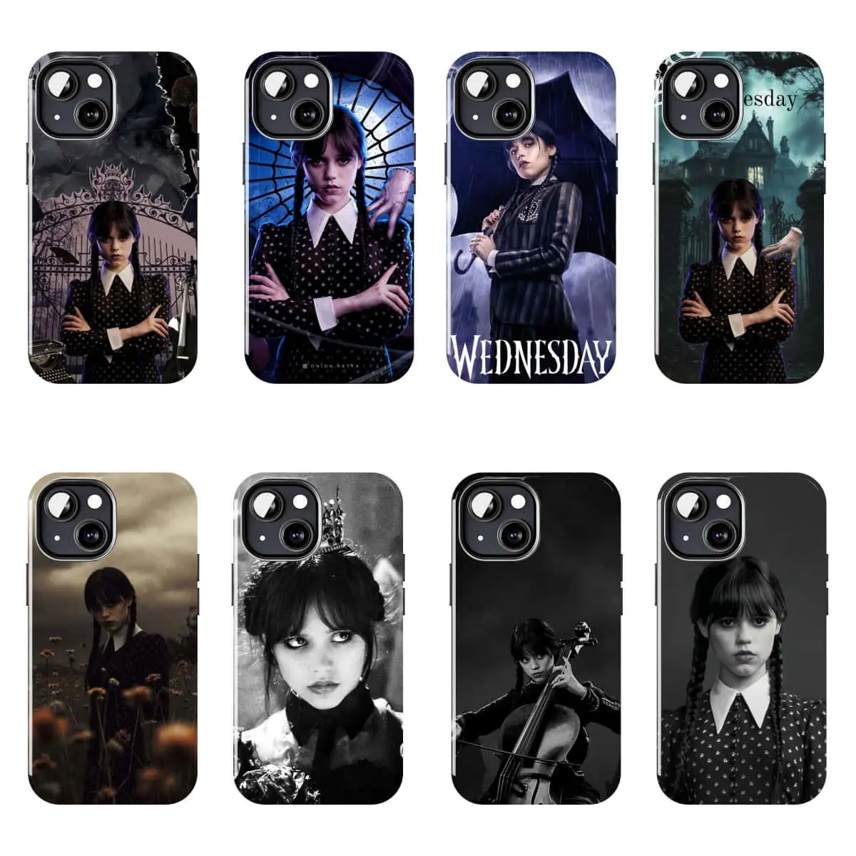 Wednesday - Adams "Never Return to the Academy" character collage hard-shell shockproof phone case, a popular gothic-style TV series fan accessory and gift, compatible with iPhone 11–17 Pro Max/Plus series and Samsung Galaxy S23–S25 series.