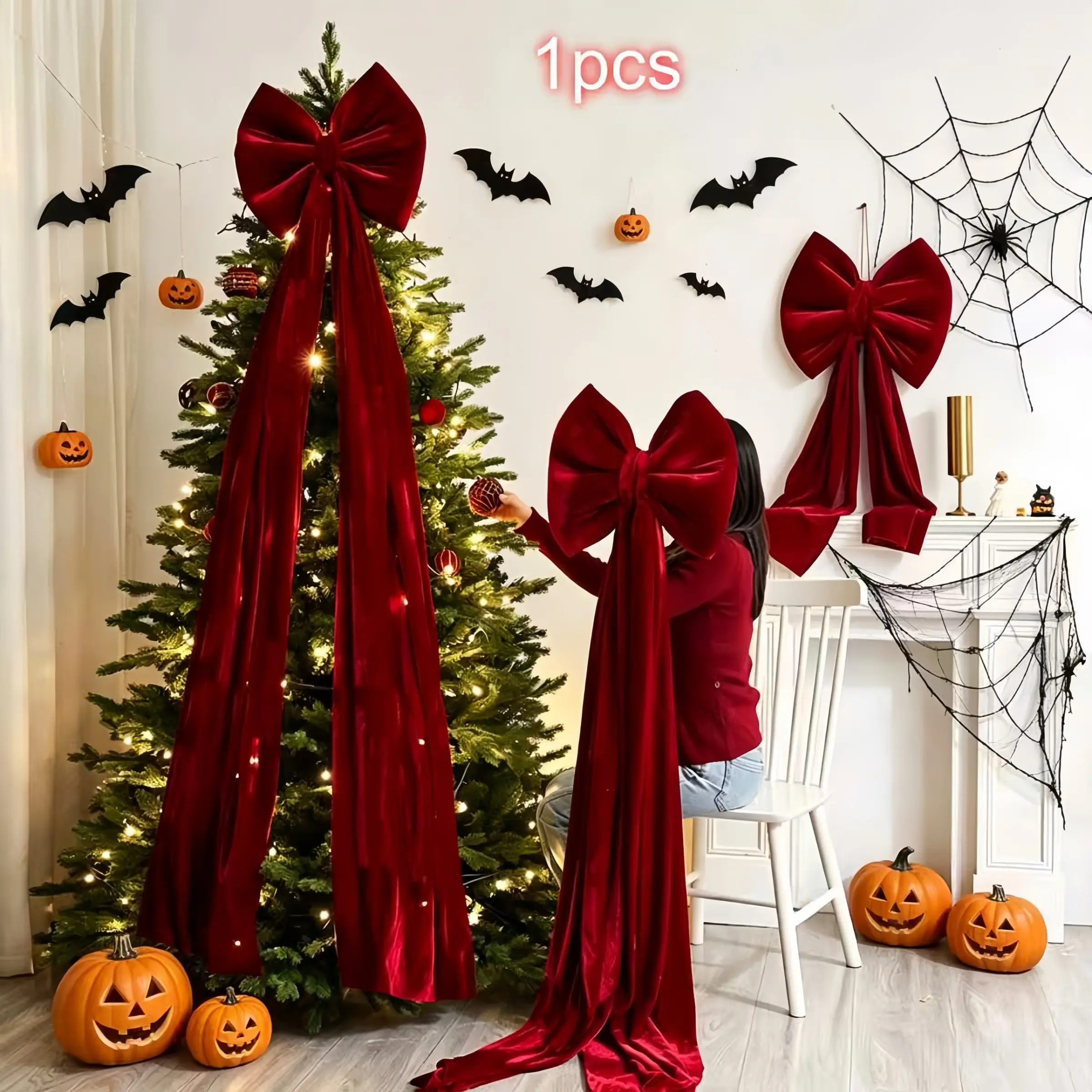 Velvet Bow Scene Decoration, Halloween Christmas Home Decor, Large Velvet Tree Topper, Party Wedding Fireplace Porch Decor, Holiday Ornament