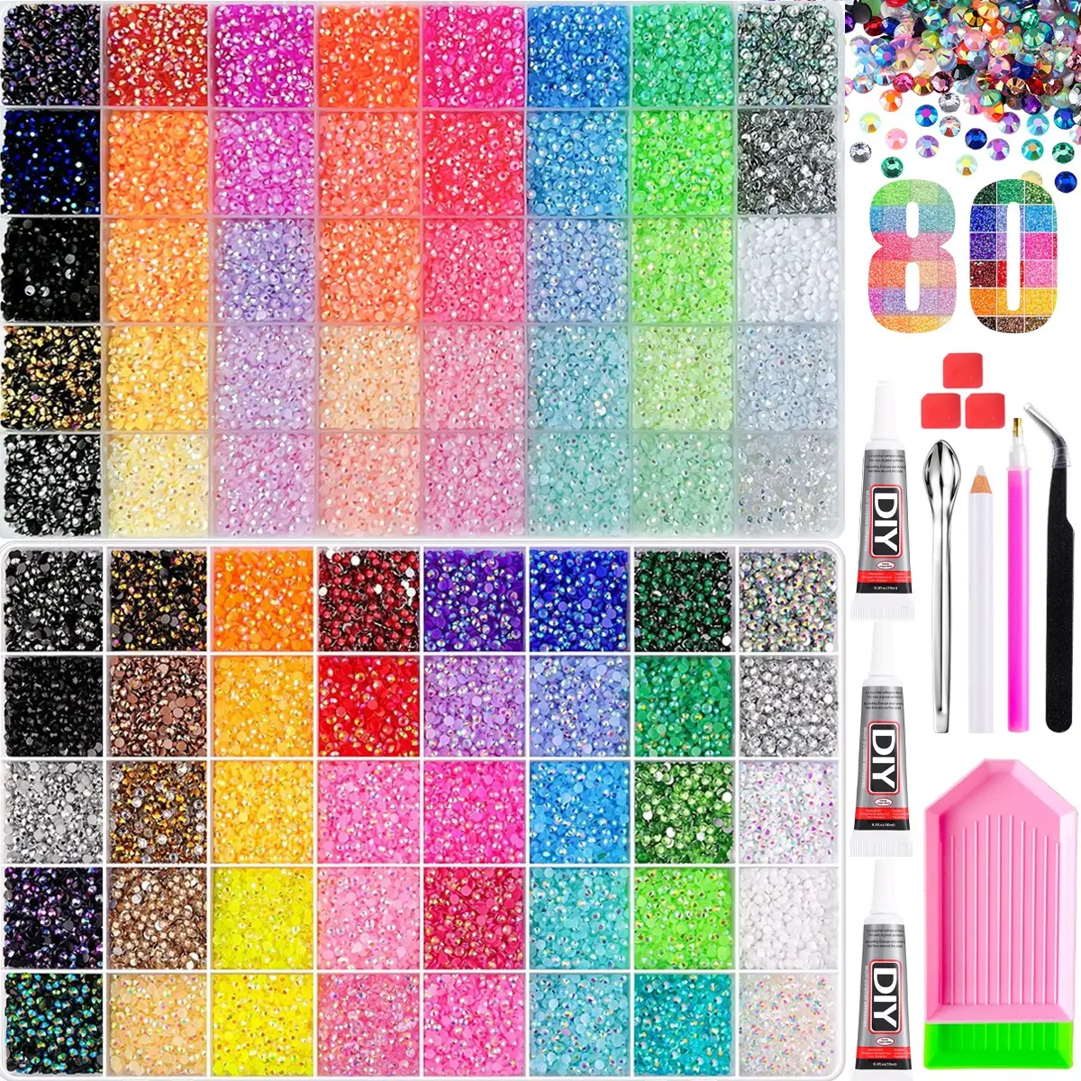 1Set-80 Grids Hot Selling AB Rainbow Color Jelly Rhinestones Nail Charms 3mm Multi-colors Mini Flat-Back Resin Nail Bedazzling Rhinestones Kit Nail Art Supplies DIY Nails Headphones Dress Party Decorations