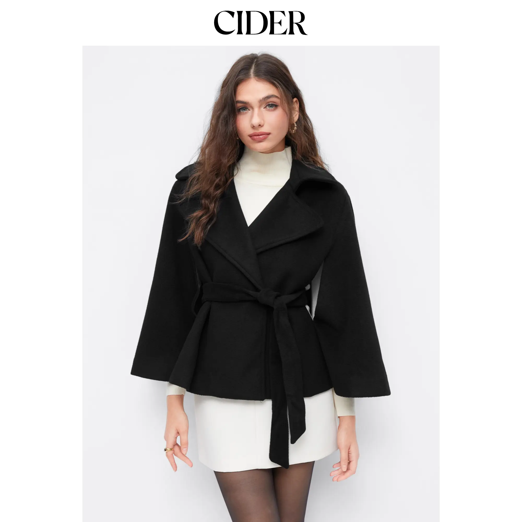 Cider Women's Wool-Look Belted Cloak Coat with Collar, Button Closure and Long Sleeves SummerFinds