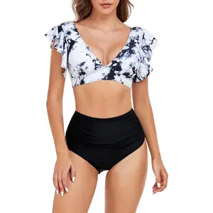 Ruffle Cap Sleeve V Neck High Waist Two Piece Bikini Set | Tie Dye Print Tummy Control Swimsuit
