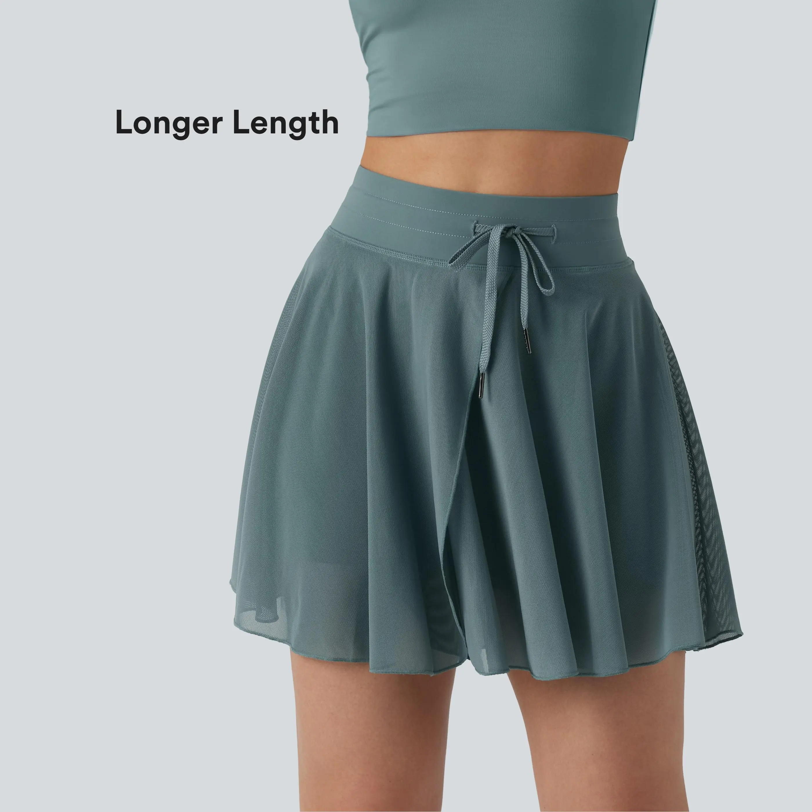 Halara High Waisted Drawstring Contrast Mesh 2-in-1 Pocket Flowy Mini Flare Casual Skirt-Longer Length
