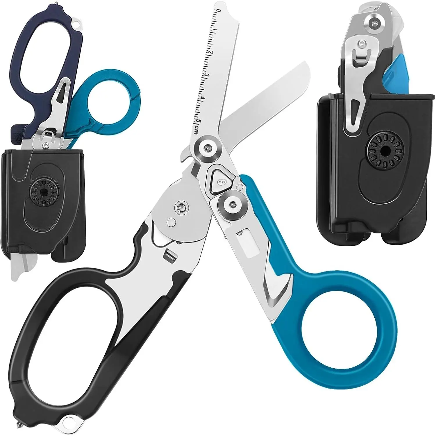 6 In 1 Multifunctional Trauma Shears, Emergency Response Shears Stainless Foldable Shears With Holster,Medical Trauma Shears Foldable With Strap Black +Blue