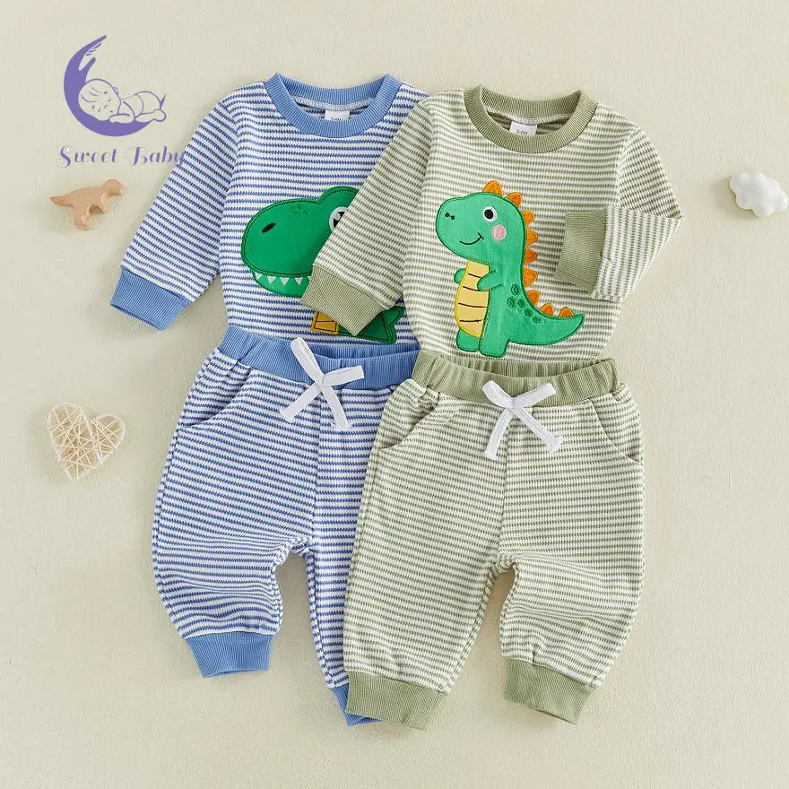 Infant Boys' 2-Piece Casual Embroidered Dinosaur Outfit Set, Long Sleeve Round Neck Romper + Pants, Baby Clothing Gift Set