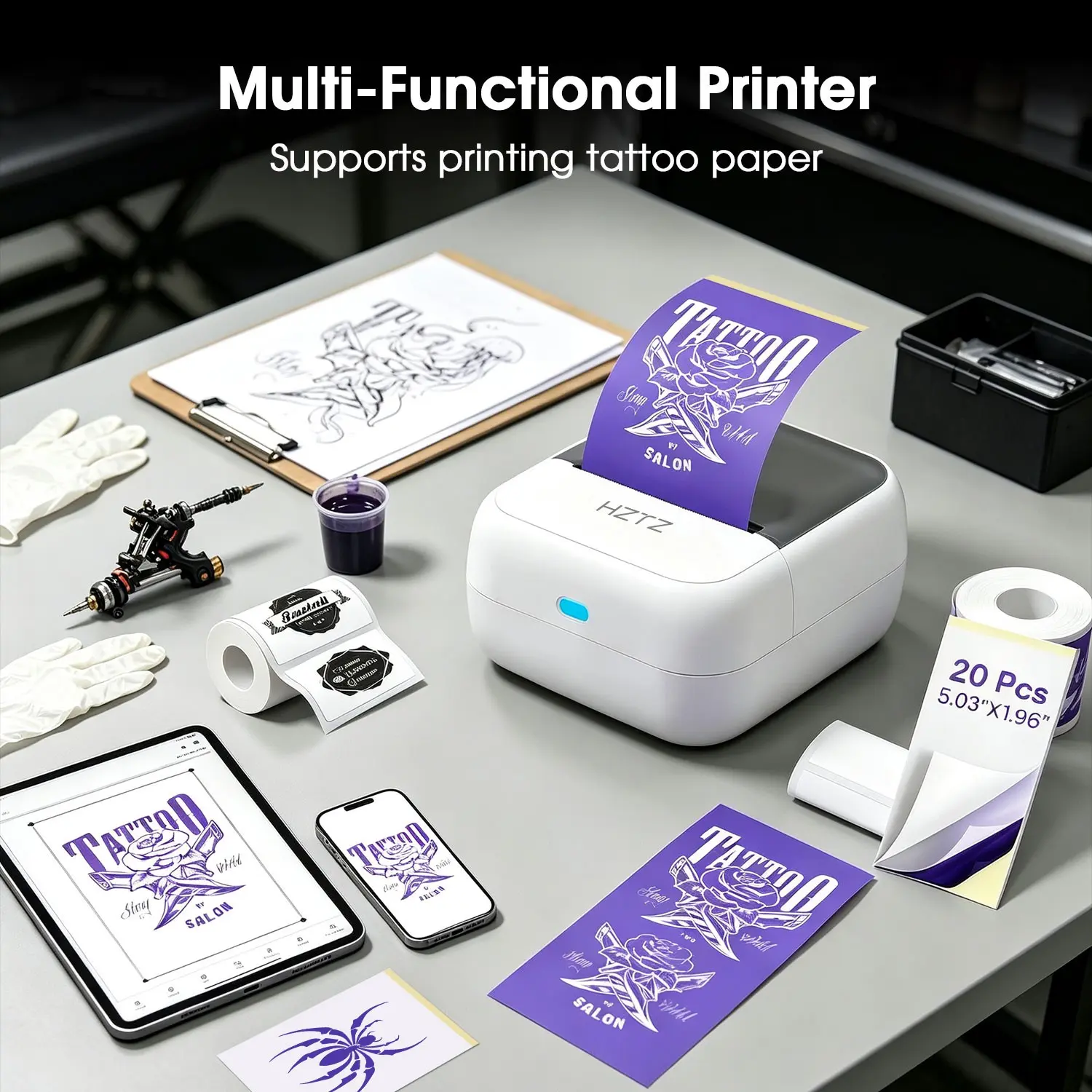 C50 Mini Wireless Tattoo Printer, 2in Label Printer, Wireless Sticker Printer, Inkless Thermal Printing Machine, Includes Paper Roll, Ideal for DIY Projects, Tattoos, Logos, Patterns