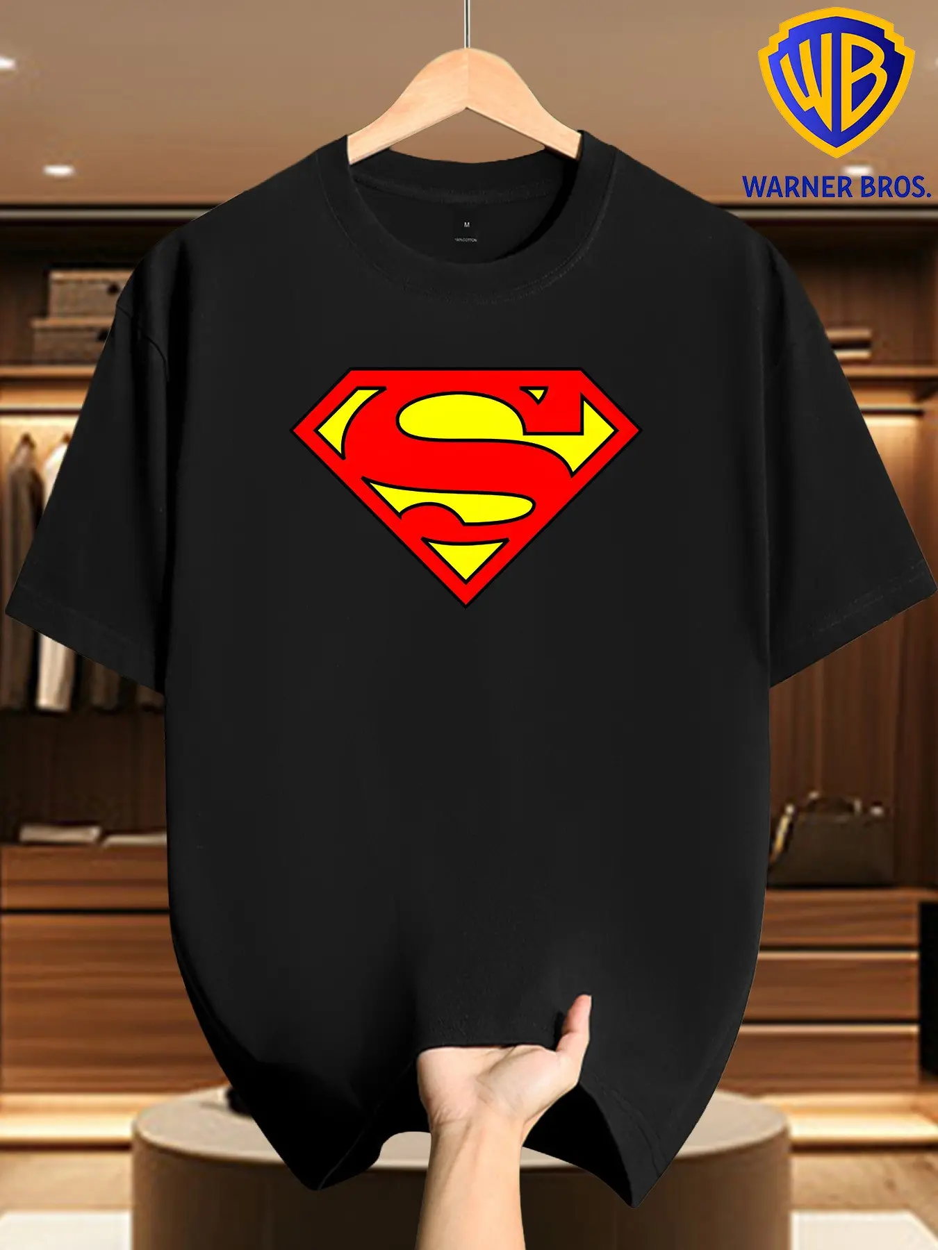 Warner Bros Men's Classic Superman Logo Print T-Shirt, Casual Long Sleeve Streetwear Top, All over Print, Loose-Fit